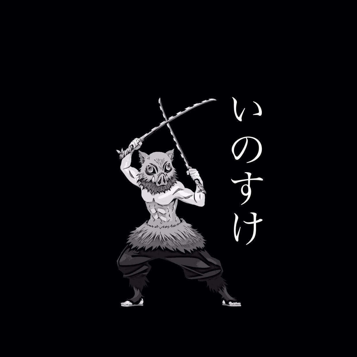 《鬼滅之刃》黑白 壬氏·河原 壁紙 — 黑白插圖風格的豬臉惡魔戰士，以動態戰鬥姿勢揮舞兩把劍，背景為純黑色。