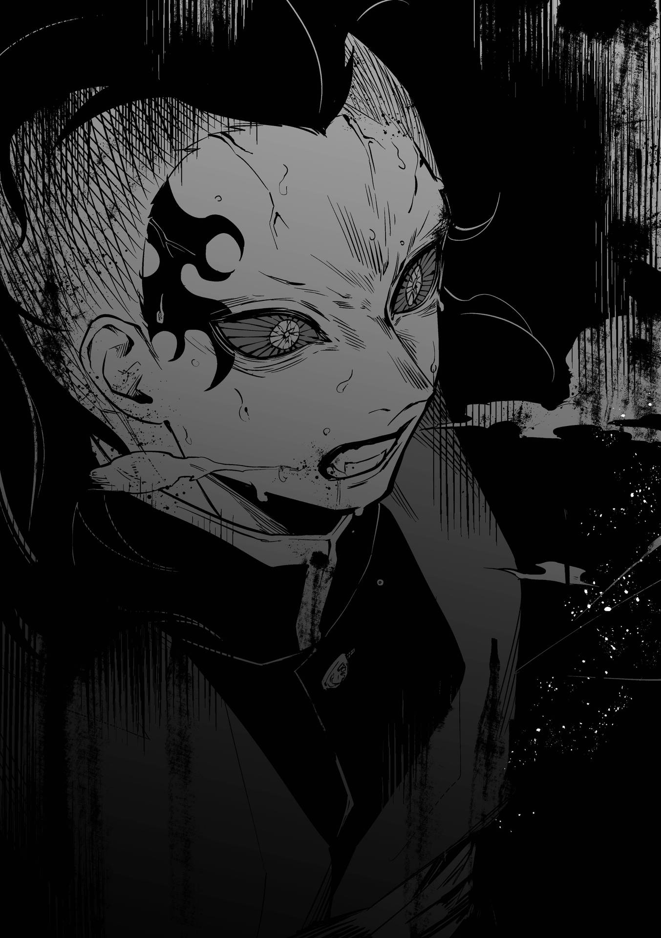 《鬼滅之刃》黑白 神崎·新納川 壁紙 — 一個粗糙的黑白動畫肖像，描繪一個惡魔般的人物，臉上帶有淚痕和複雜的標記。
