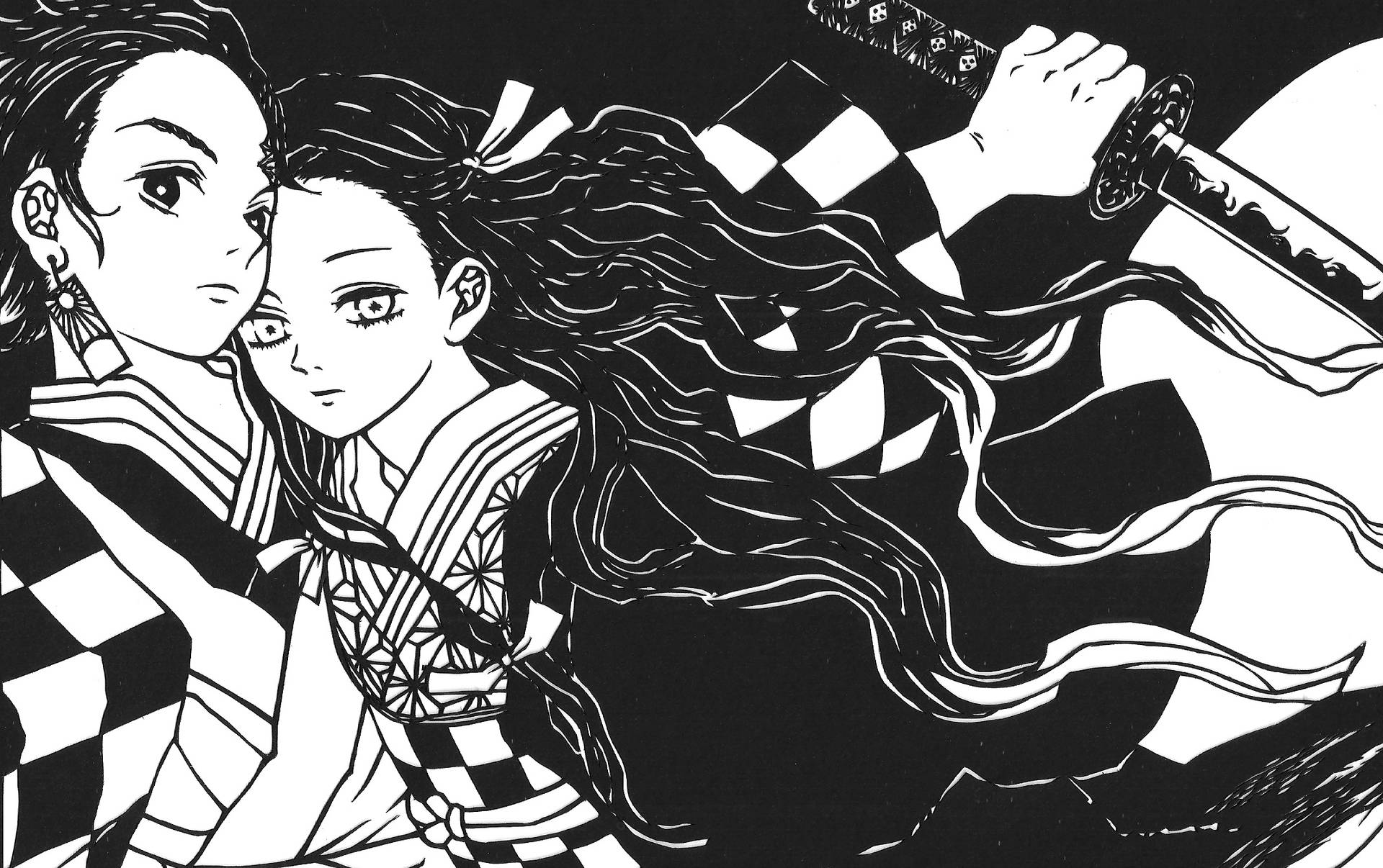 鬼滅之刃 黑白版 火神與祢豆子 壁紙 — 兩個身穿格仔服裝的動漫角色，在純黑色背景下，手持劍，頭髮飄逸。