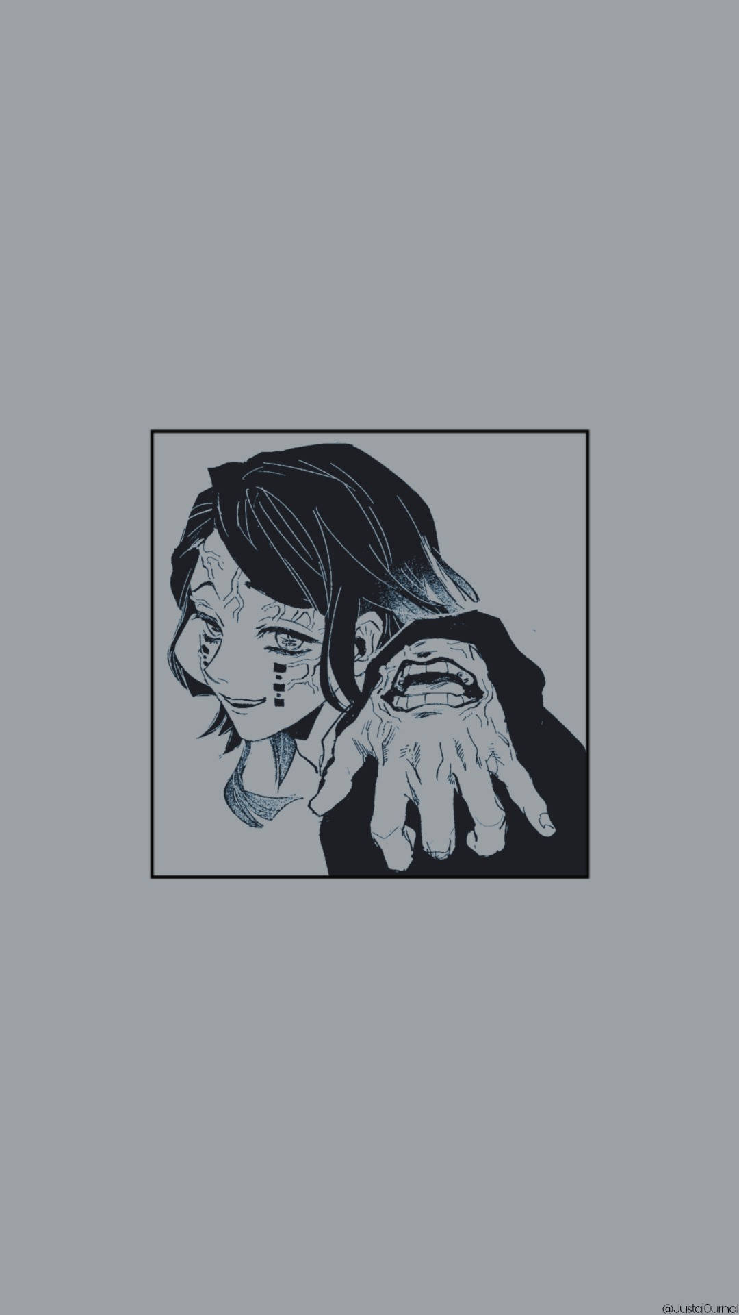 深色頭髮和標記的動漫角色握著一隻扭曲的手。