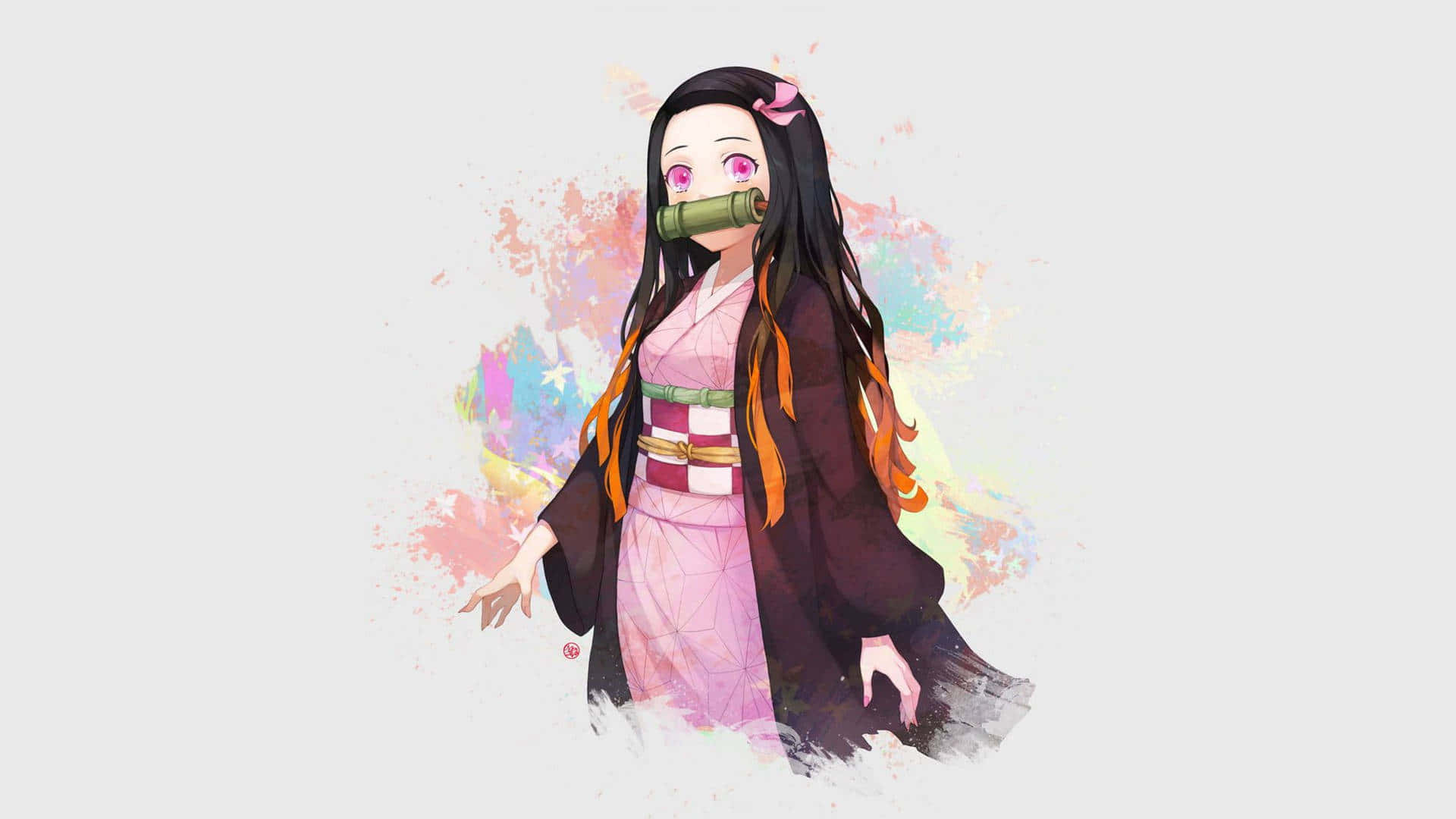 穿著粉紅和服的動漫女孩，帶竹製口塞和彩色水彩背景。