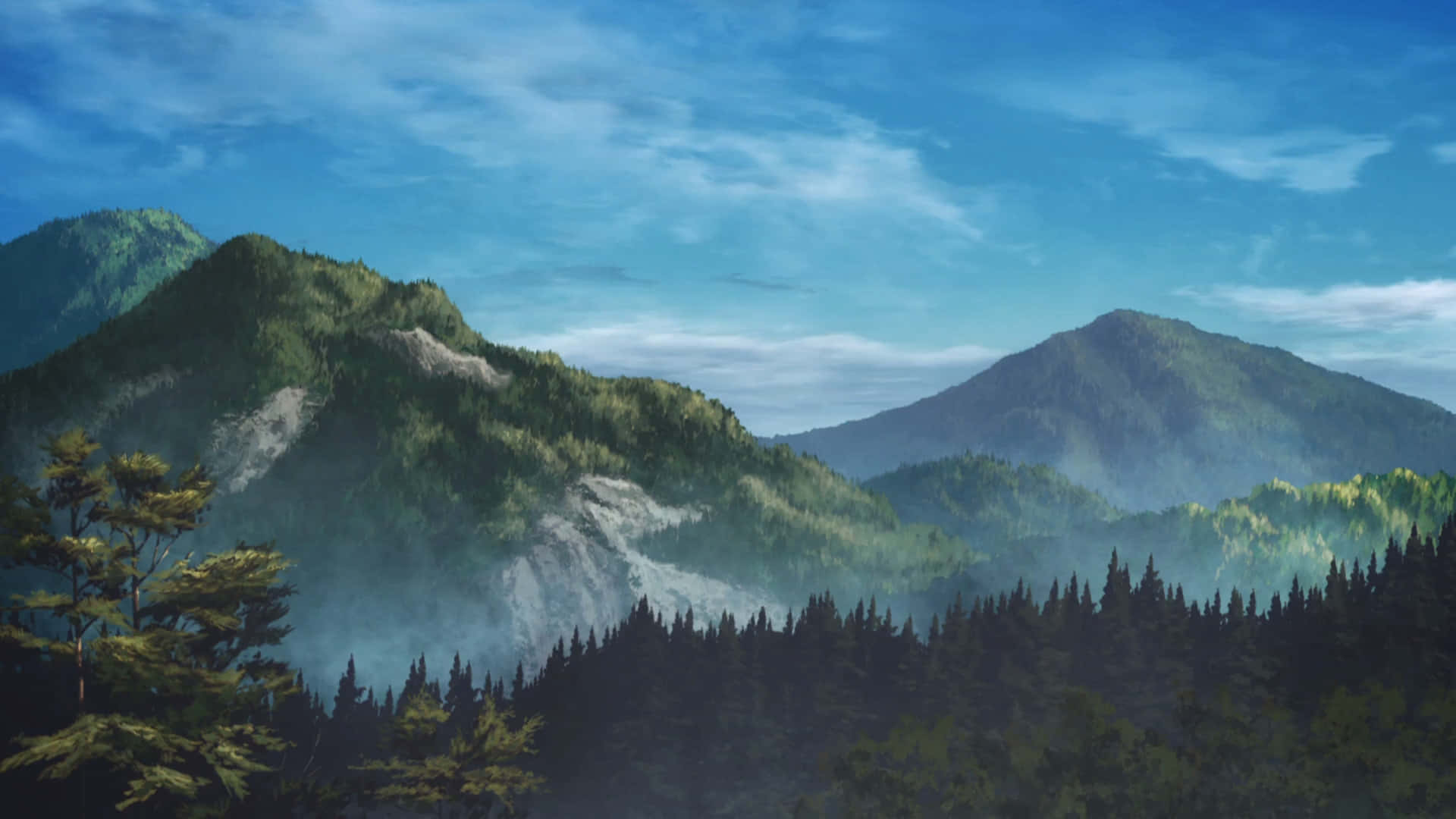 鬼滅之刃山林風景 壁紙 — 寧靜的山景，茂密的綠色森林和霧氣繚繞的山谷，在明亮的藍天和縷縷白雲下。