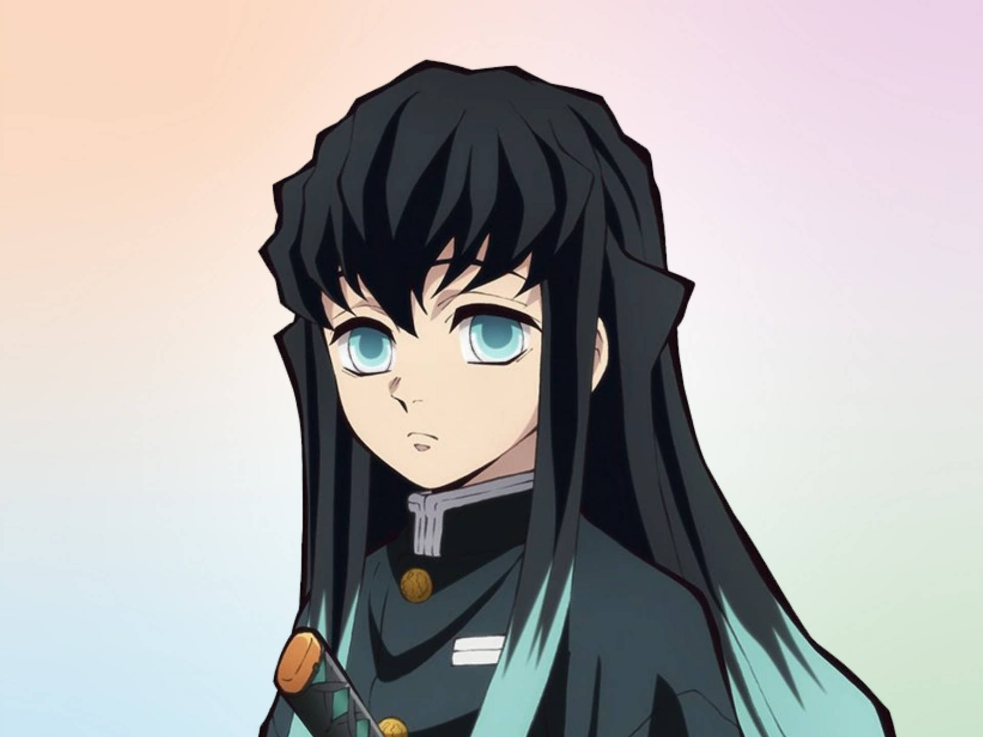 長黑髮藍眼動漫少女穿著深色制服手持劍。