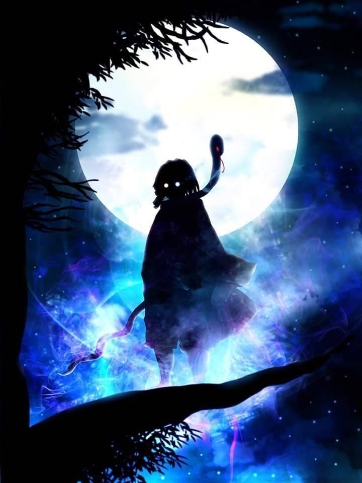 神秘動漫人物，眼睛發光，帶蛇，在滿月下的宇宙藍色天空中。