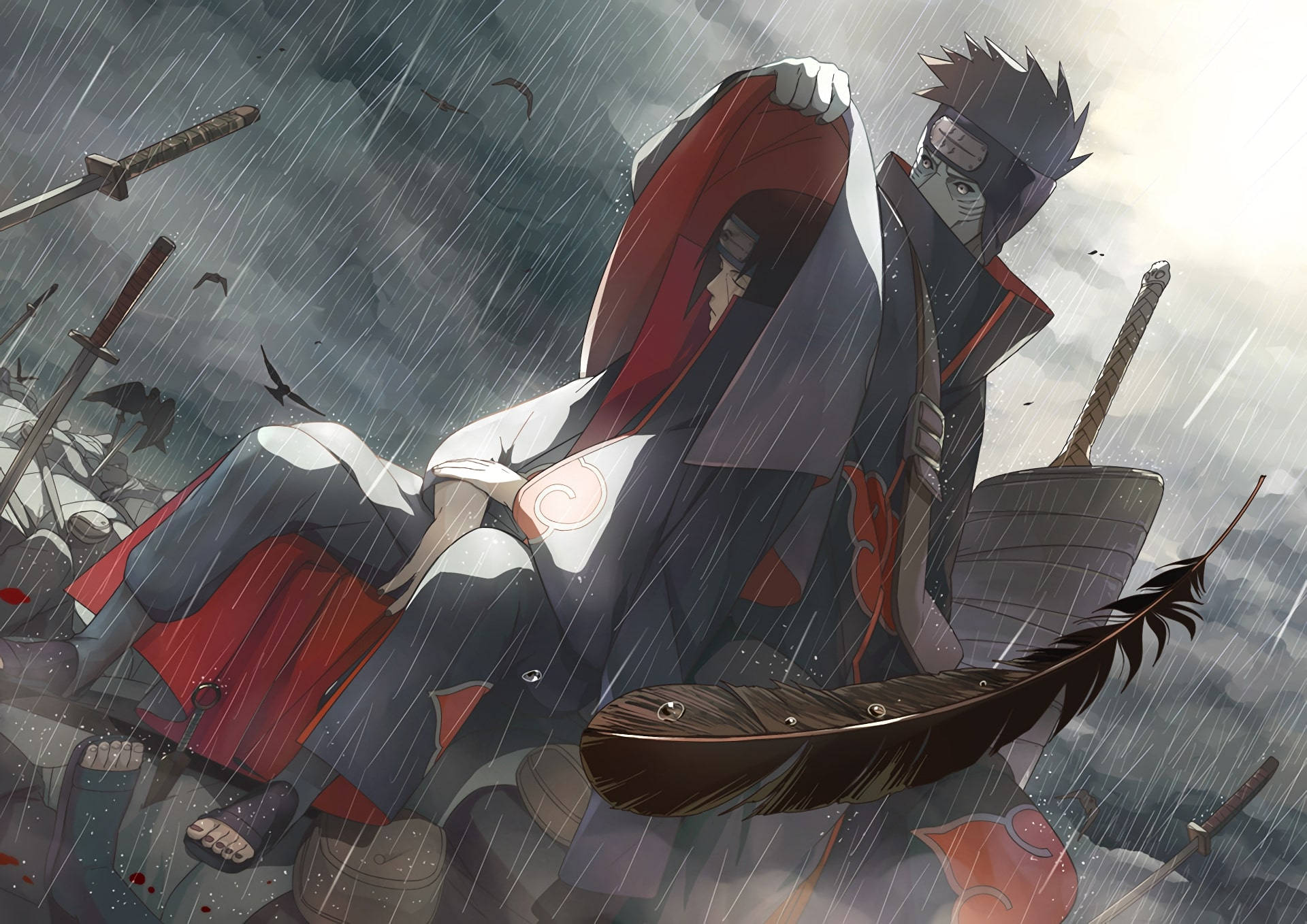 兩位動漫忍者戰士在雨中戰場上持劍和羽毛戰鬥。