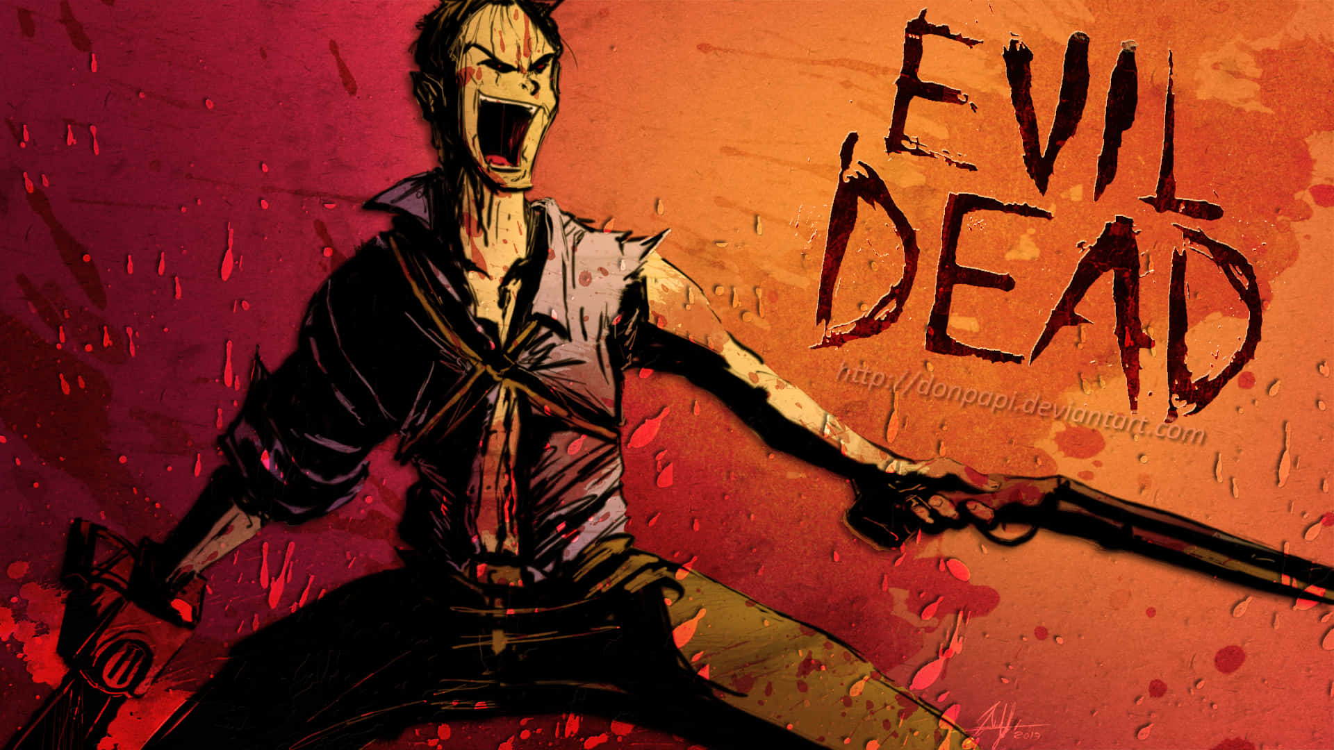 尖叫的男人手持獵槍，背景火紅，帶有「EVIL DEAD」文字。