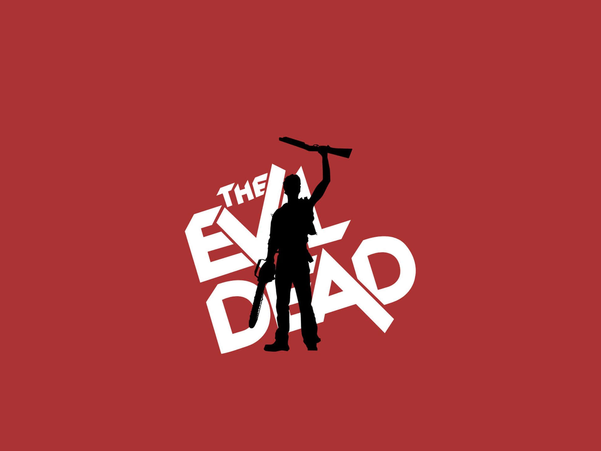 一個人物剪影，手持電鋸和獵槍，紅色背景上帶有「The Evil Dead」文字。
