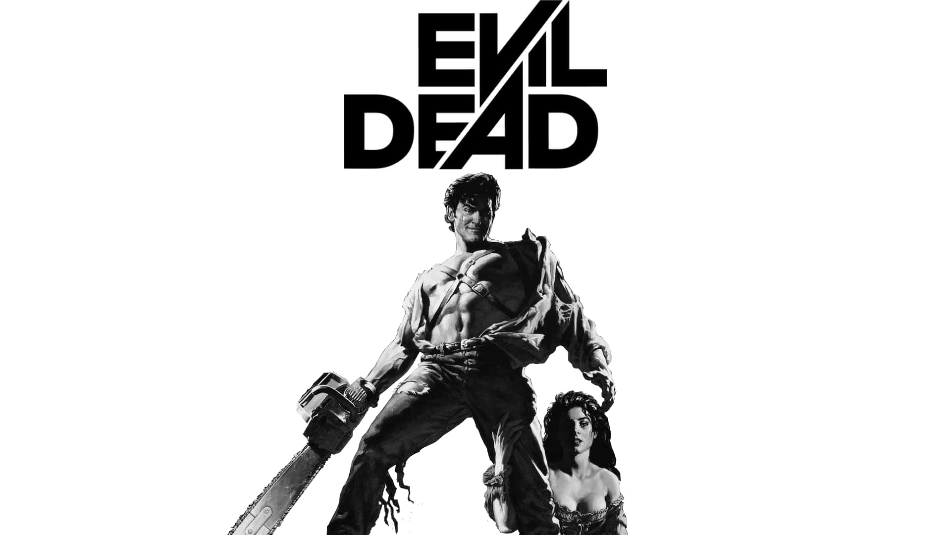 一個男人拿著電鋸，旁邊有一個女人，下方是Evil Dead標題。