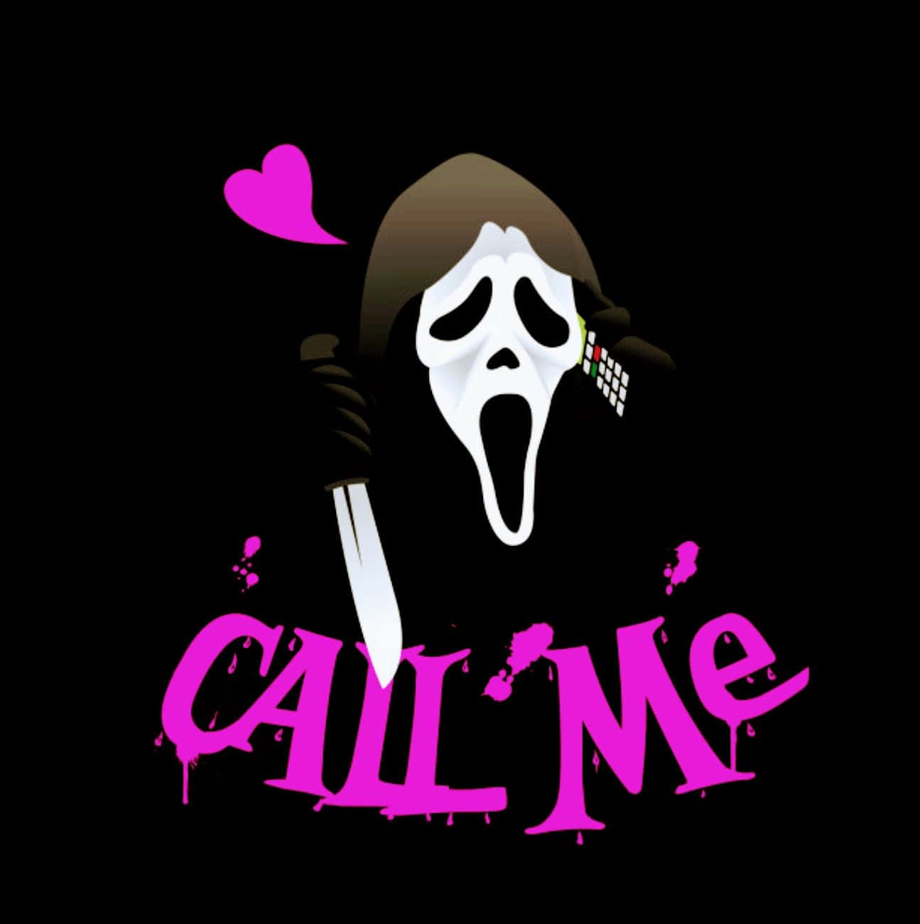 鬼臉「Call Me」圖像 壁紙 — 一個風格化的鬼臉角色在黑色背景上拿著一把帶有粉紅色心形和滴落文字的刀。