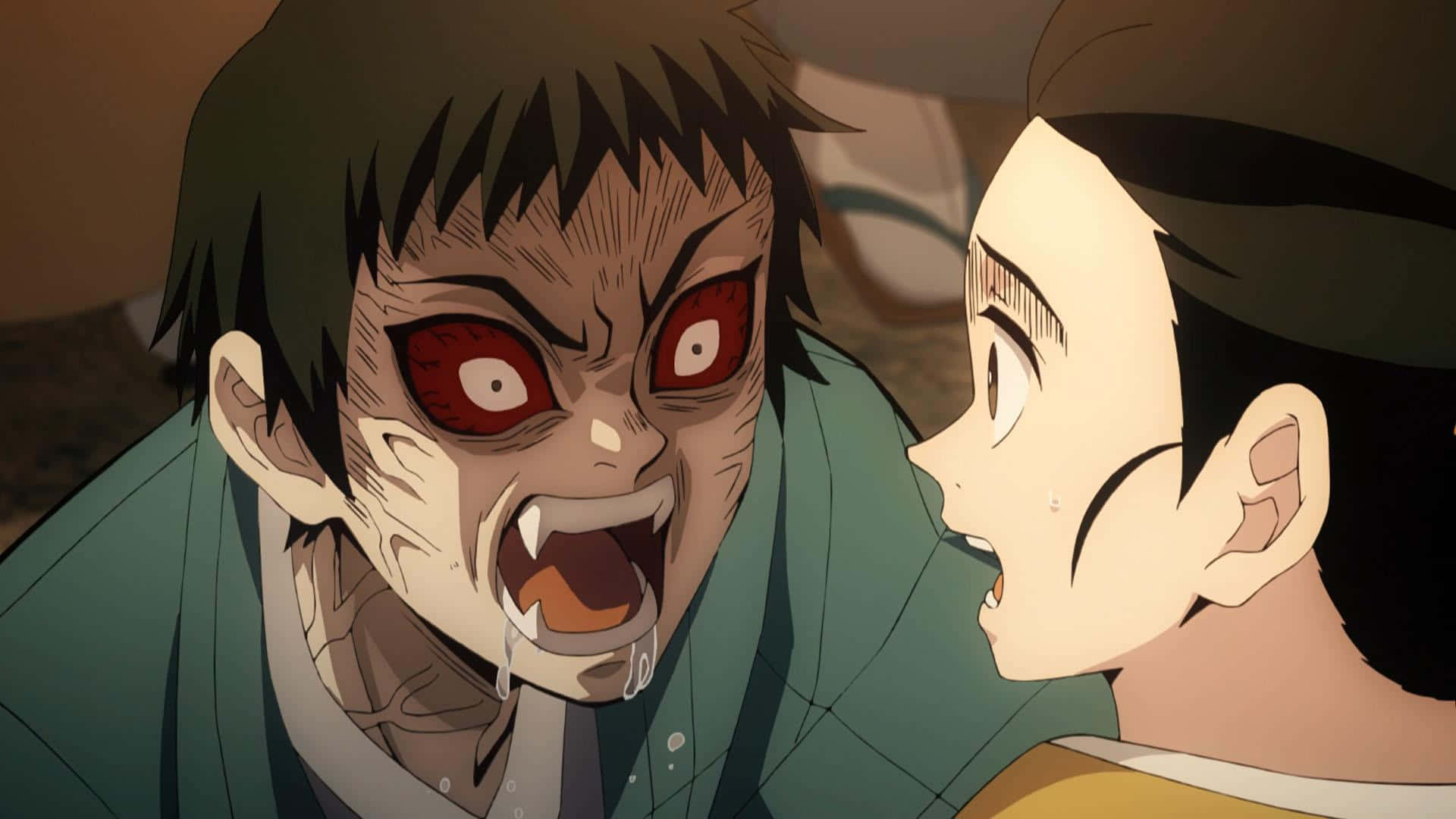 一個紅眼睛的惡魔在黑暗的房間裡對一個害怕的男孩咆哮。