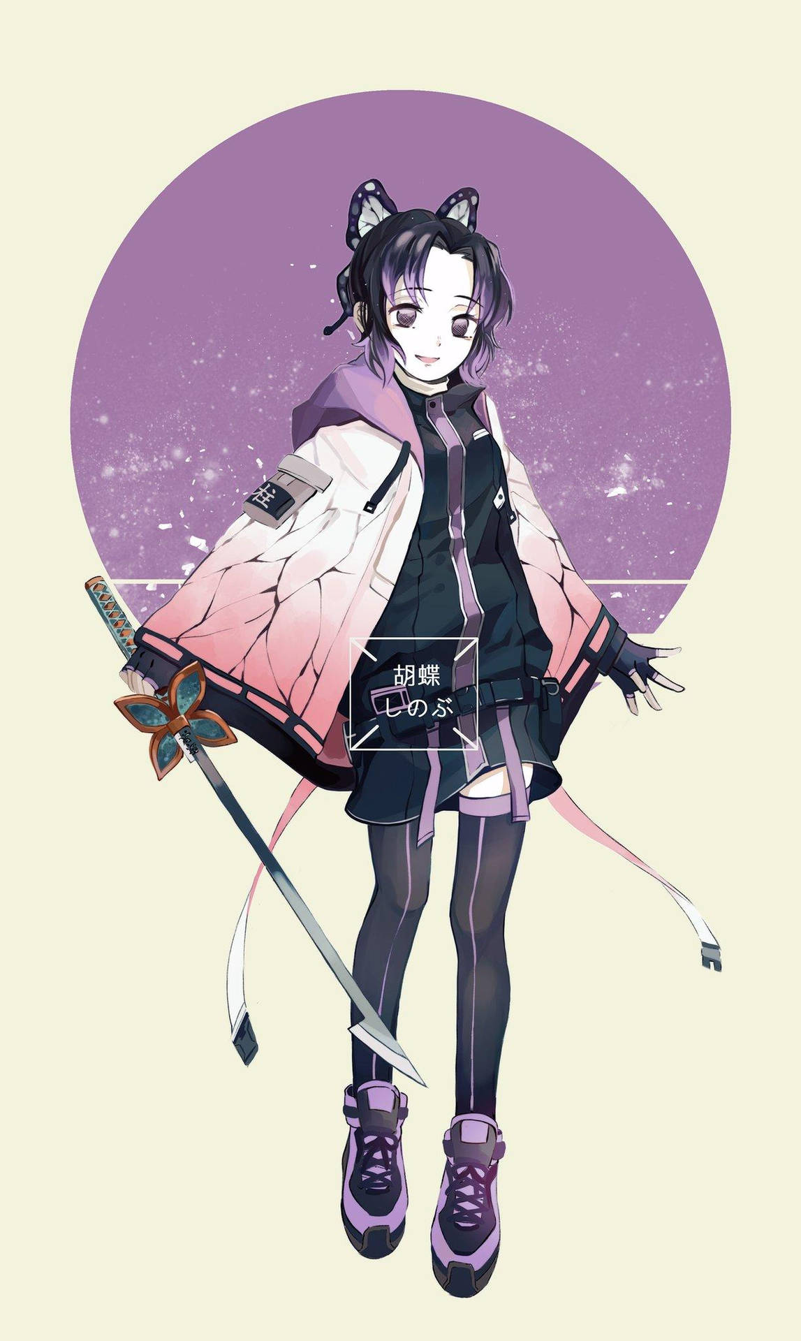 動漫女孩戴著貓耳，在紫色星形圓圈前持劍。