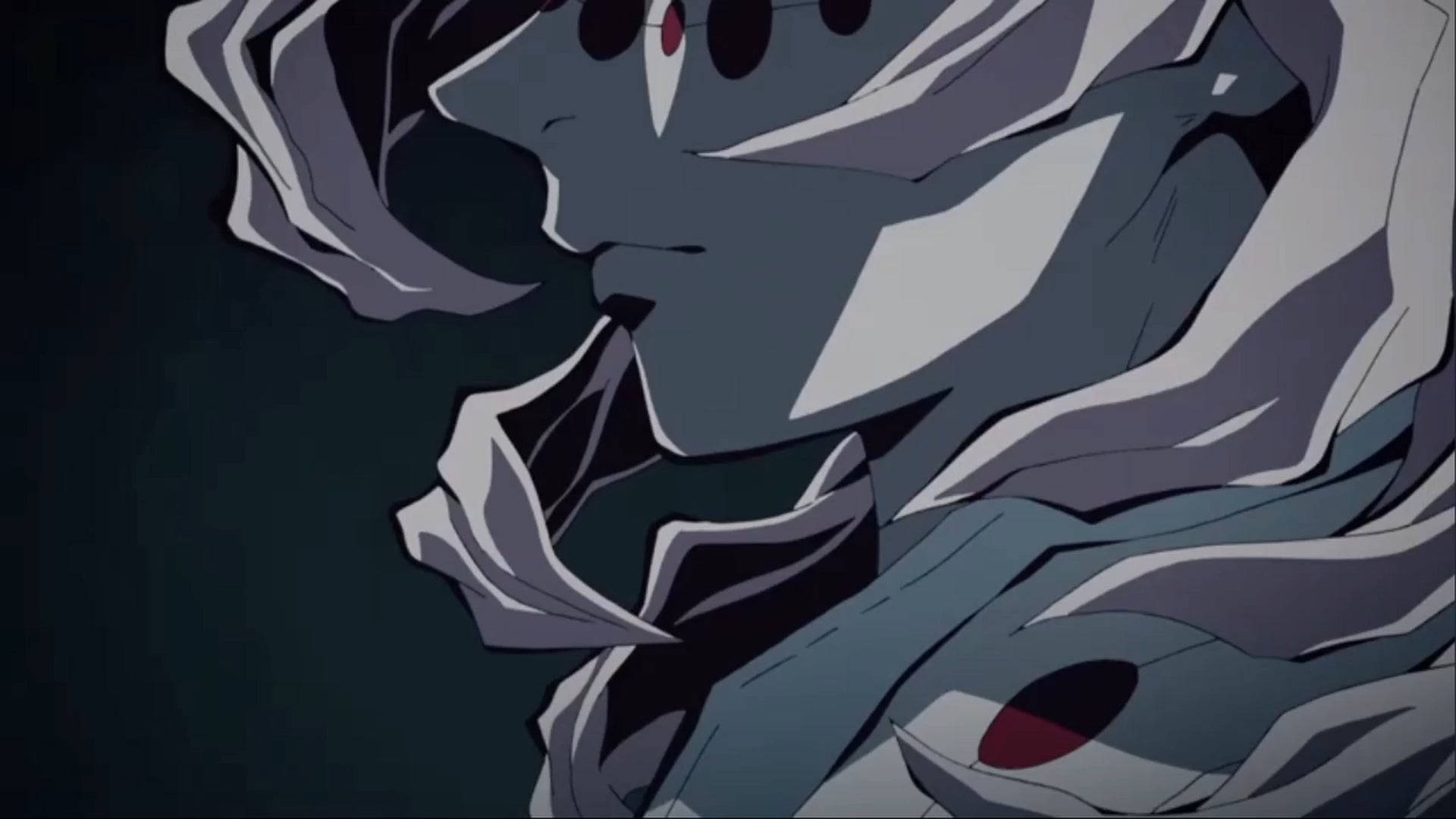 灰色頭髮和紅色眼睛的動漫角色在陰影中的特寫。