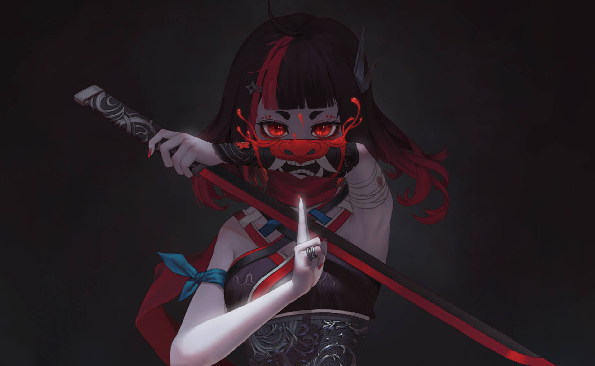 戴著紅色惡魔面具的動漫女孩在黑暗環境中握著一把劍。