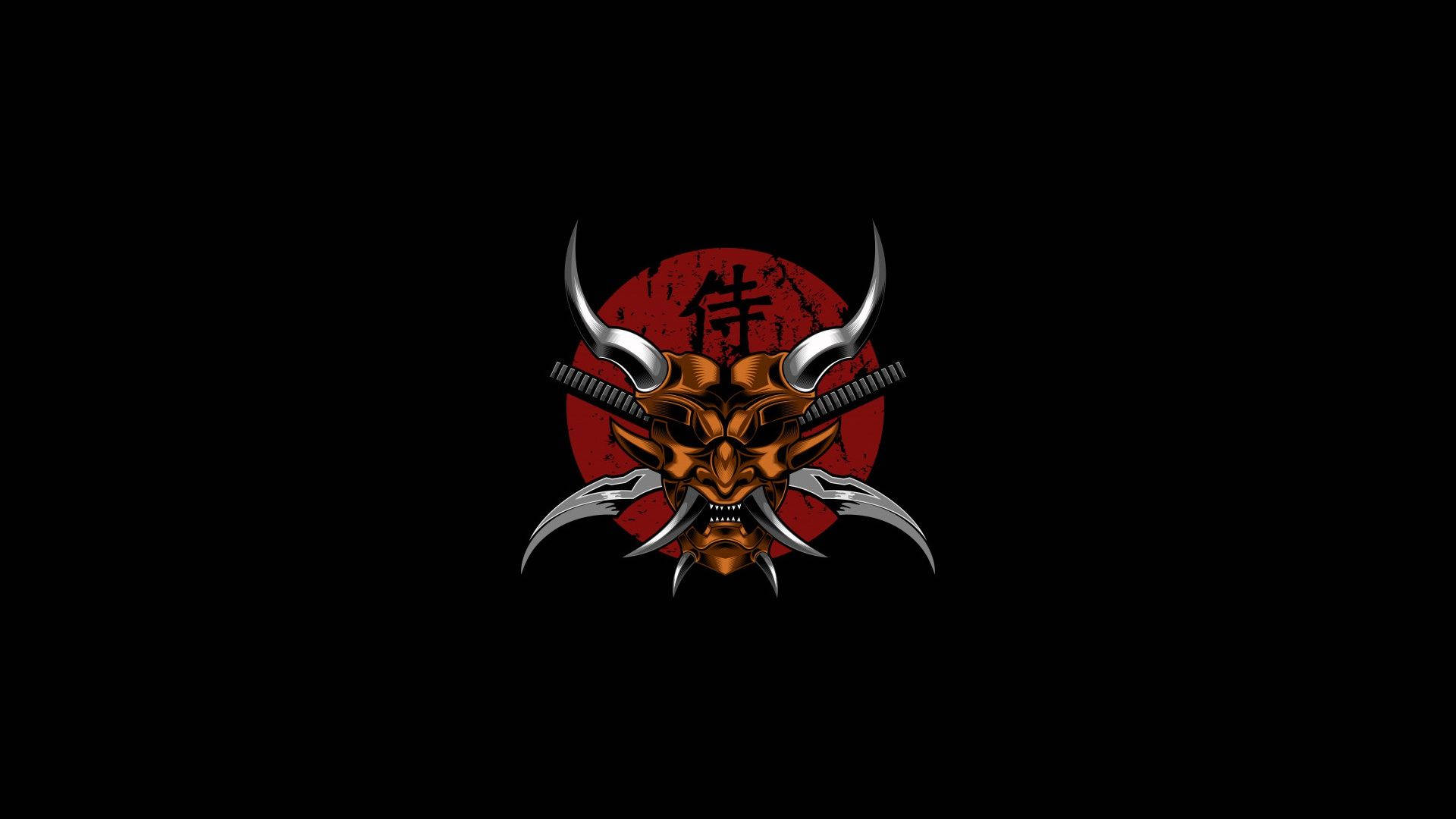 兇猛武士惡魔面具，帶有交叉劍和漢字，紅色太陽在黑色背景上。