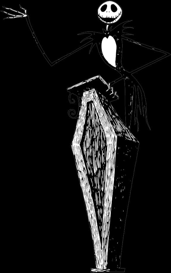 鬼馬前夜傑克·史凱靈頓 壁紙 — Jack Skellington 站在棺材上，以黑白線條風格呈現，露出詭異的笑容。