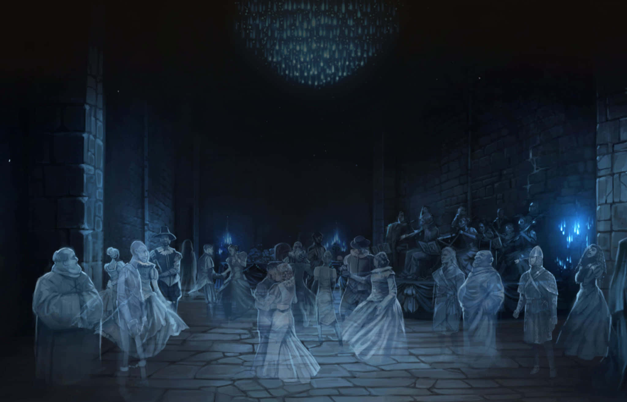 The Hogwarts Ghosts 桌布 壁紙 — 鬼魅般的身影穿著飄逸長袍，在昏暗的石廳中，於發光的水晶吊燈下起舞。