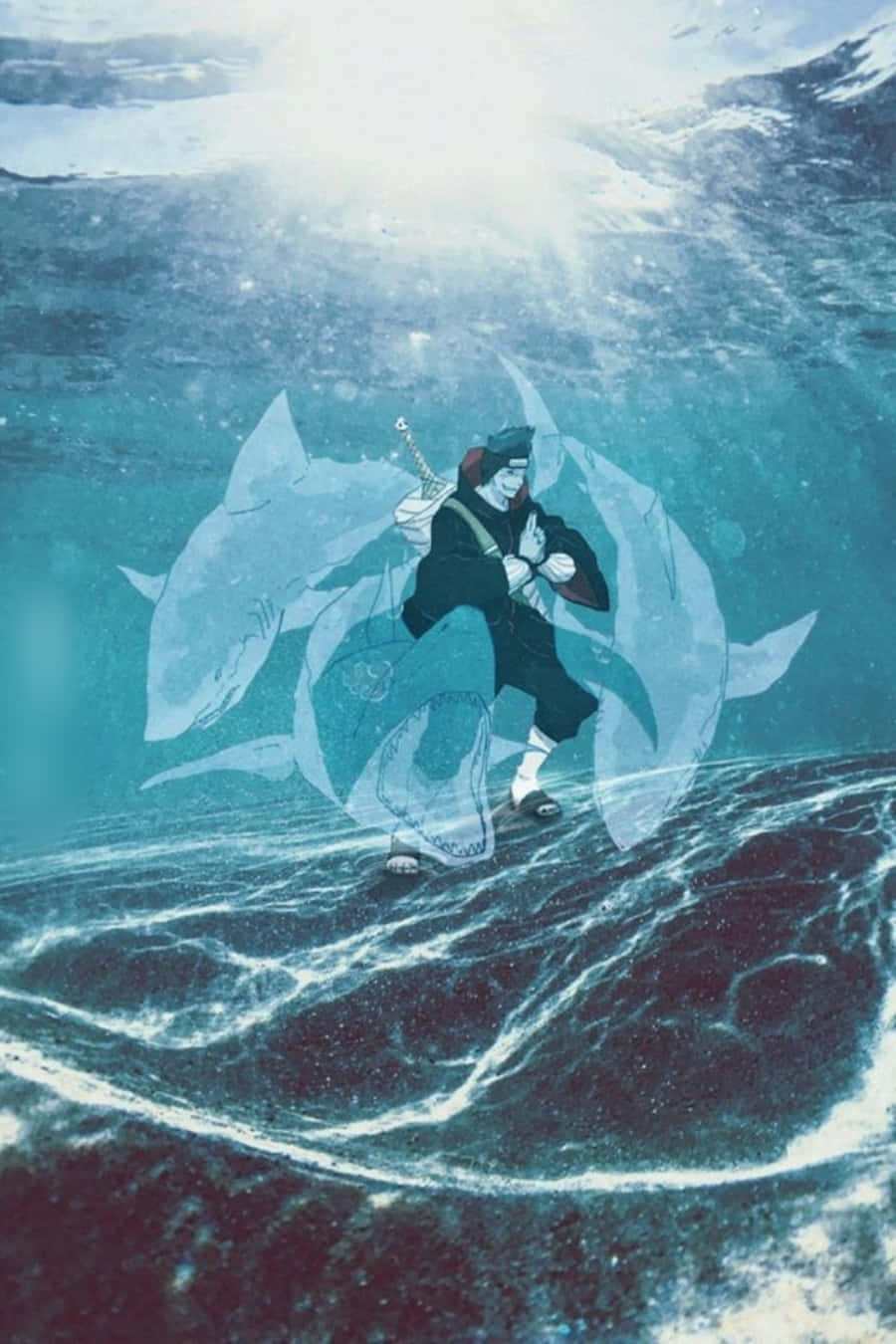 動漫風格中，忍者喺水底被鯊魚狀生物包圍。