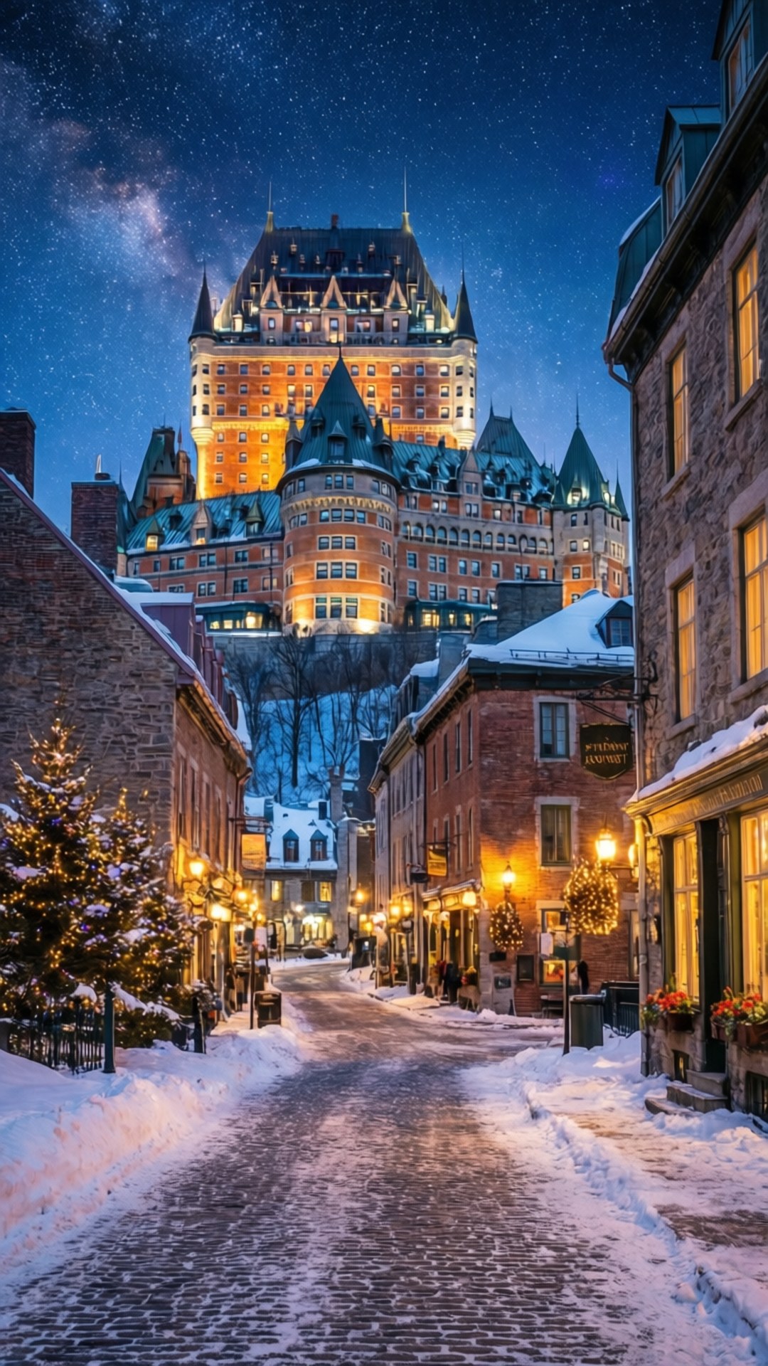 夜晚被雪覆蓋的鵝卵石街道，燈火通明的歷史建築和星空