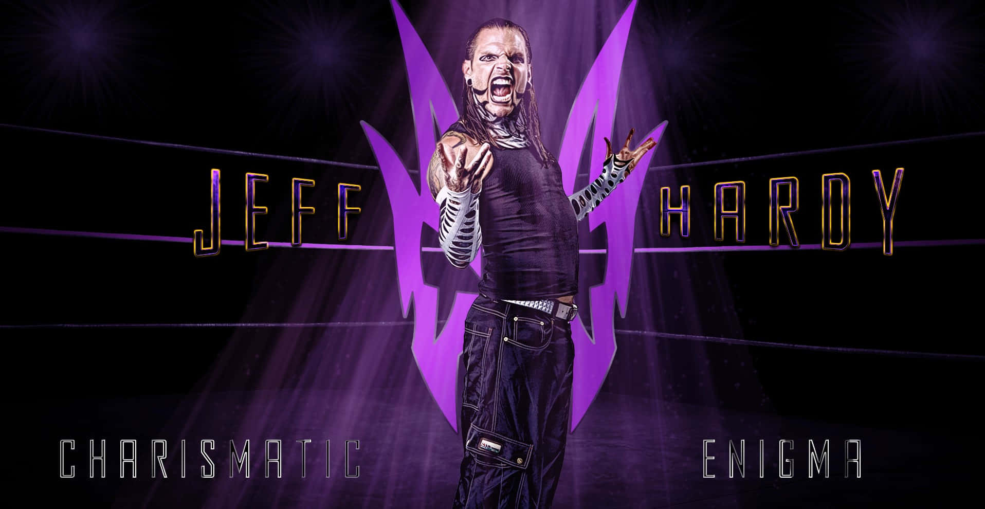 摔角手 Jeff Hardy 在場上，帶有紫色燈光和文字