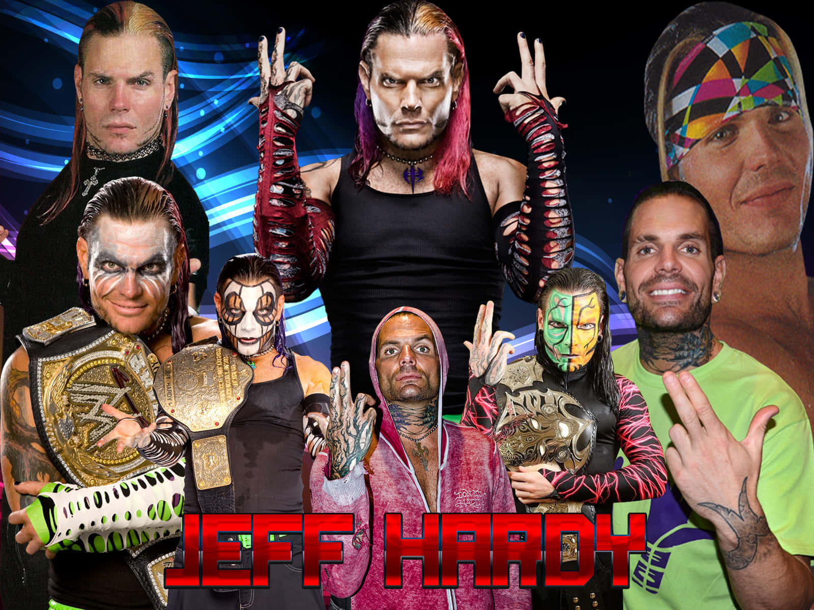 Jeff Hardy 穿著多種摔角服裝，手持冠軍腰帶。
