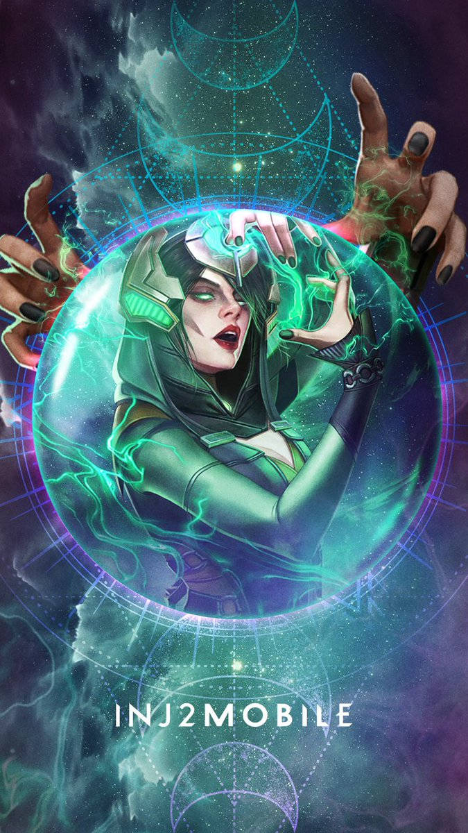 魅惑女巫 INJ2 遊戲海報 壁紙 — 一位身穿綠色盔甲的兇猛女戰士在神秘球體內引導發光能量，背景是宇宙星空。