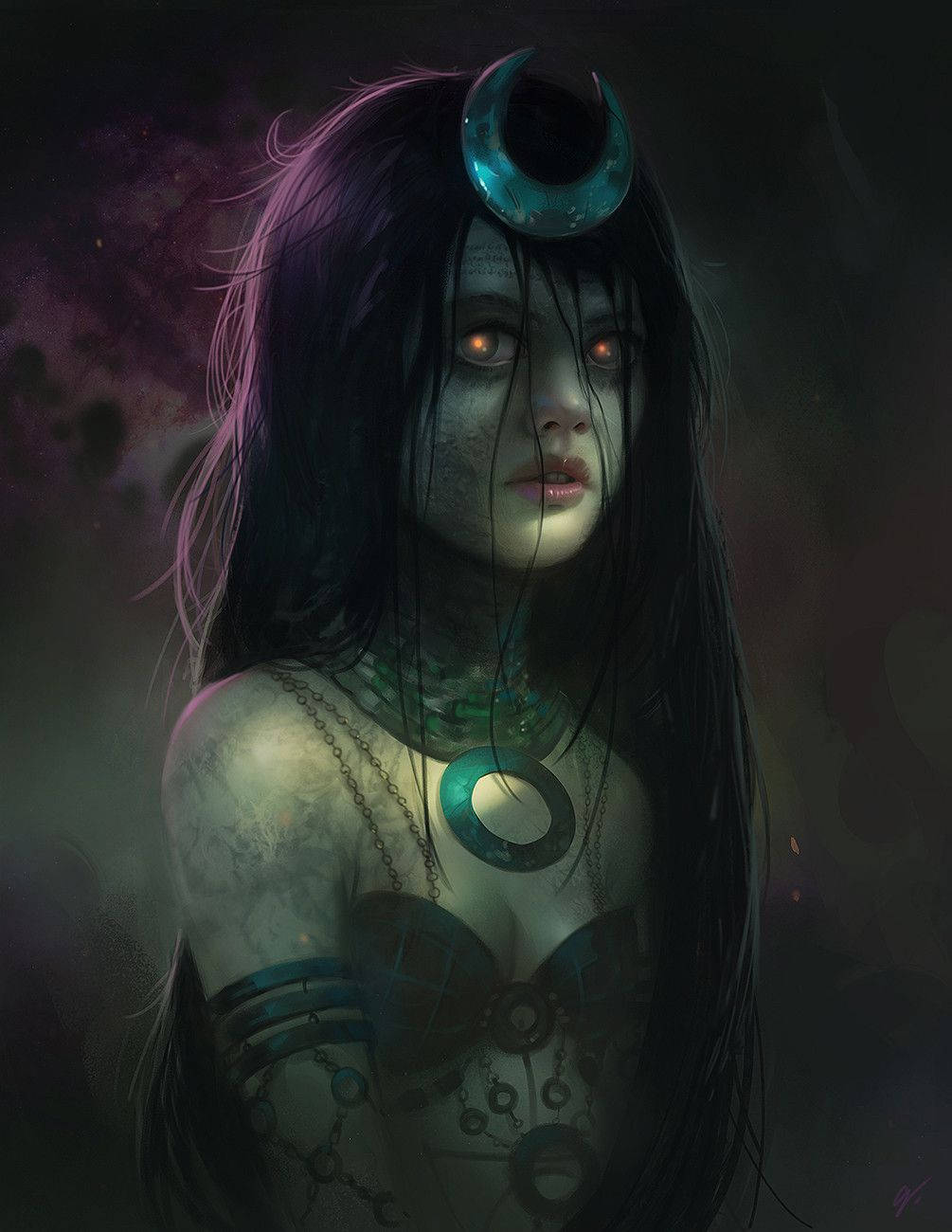 魅惑女巫數位繪畫 壁紙 — 一個令人難忘的數碼肖像，描繪一位蒼白的女性，擁有發光的紅色眼睛和彎月頭飾，背景是黑暗的宇宙。
