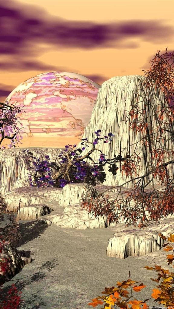 魅惑粉紅月亮藝術 iPhone 壁紙 — 一個超現實的外星景觀，有冰崖、紫色植物和一顆巨大的粉紅色行星懸掛在暮色天空中。