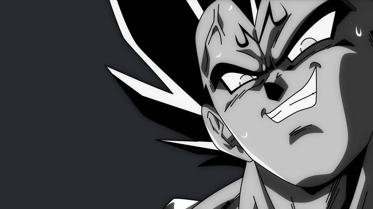 魔人 Vegeta 的力量 壁紙 — 黑白動畫特寫，一位決心堅定的戰士，頭髮尖刺，眼神銳利，背景黑暗。