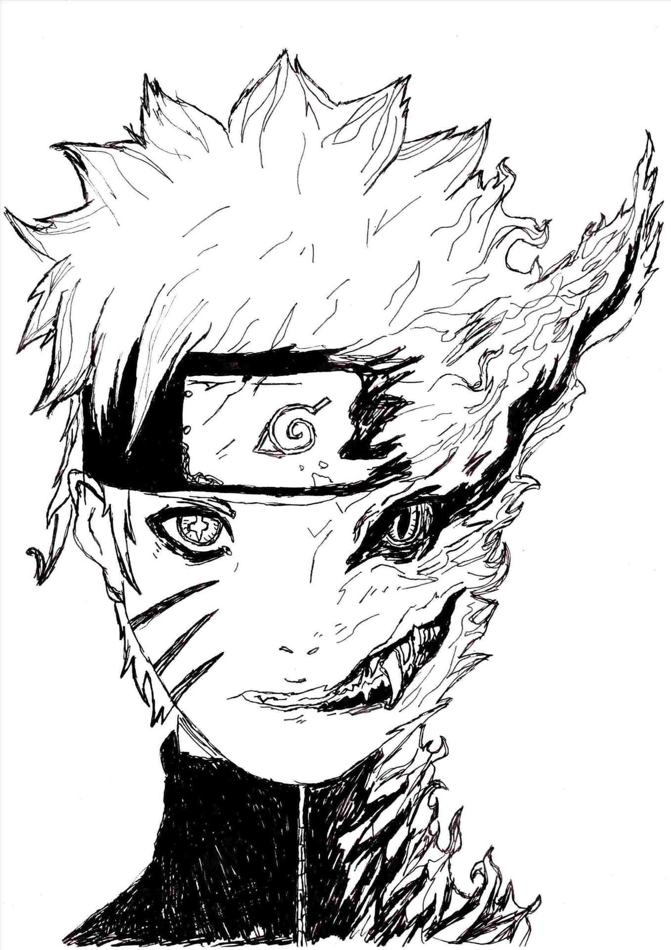 魔化鳴人黑白版 壁紙 — 一幅黑白線條藝術肖像，描繪漩渦鳴人在九尾查克拉模式中，擁有尖刺頭髮和兇猛表情。