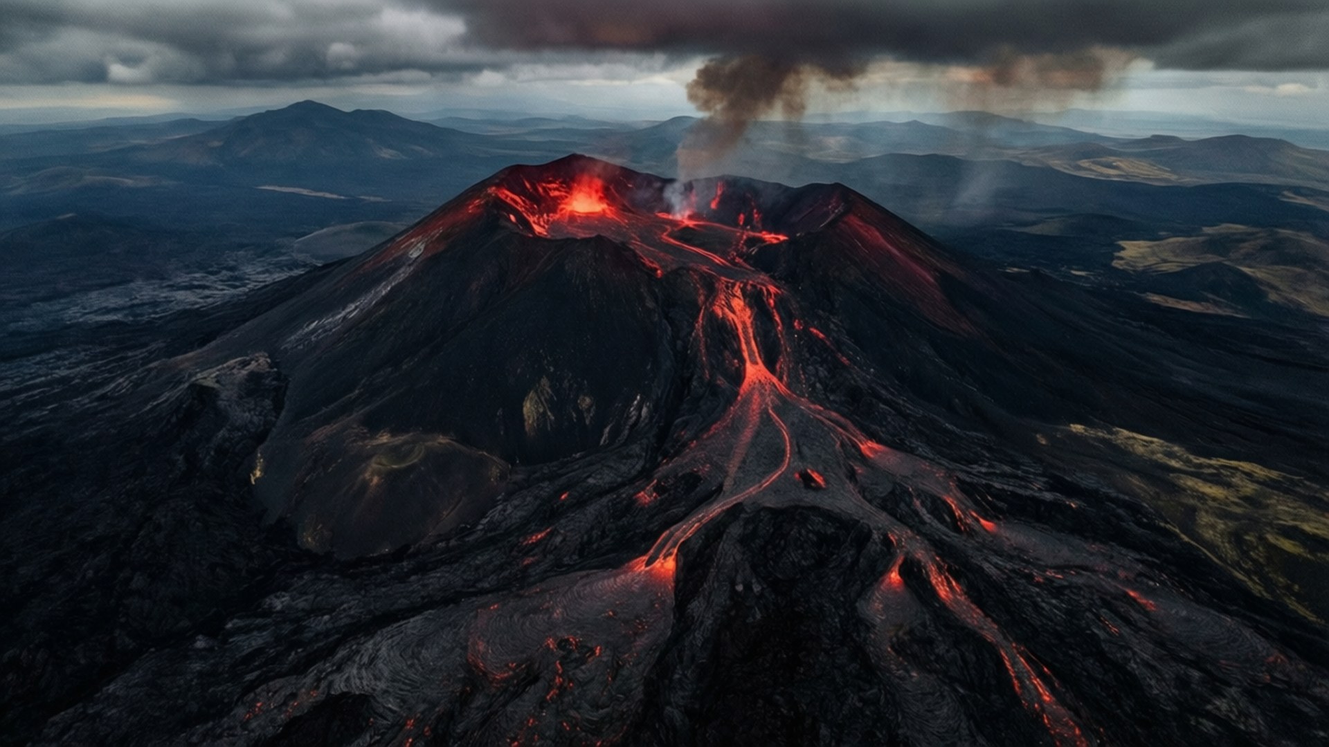 火山爆發，熔岩在黃昏時分沿山坡流下。