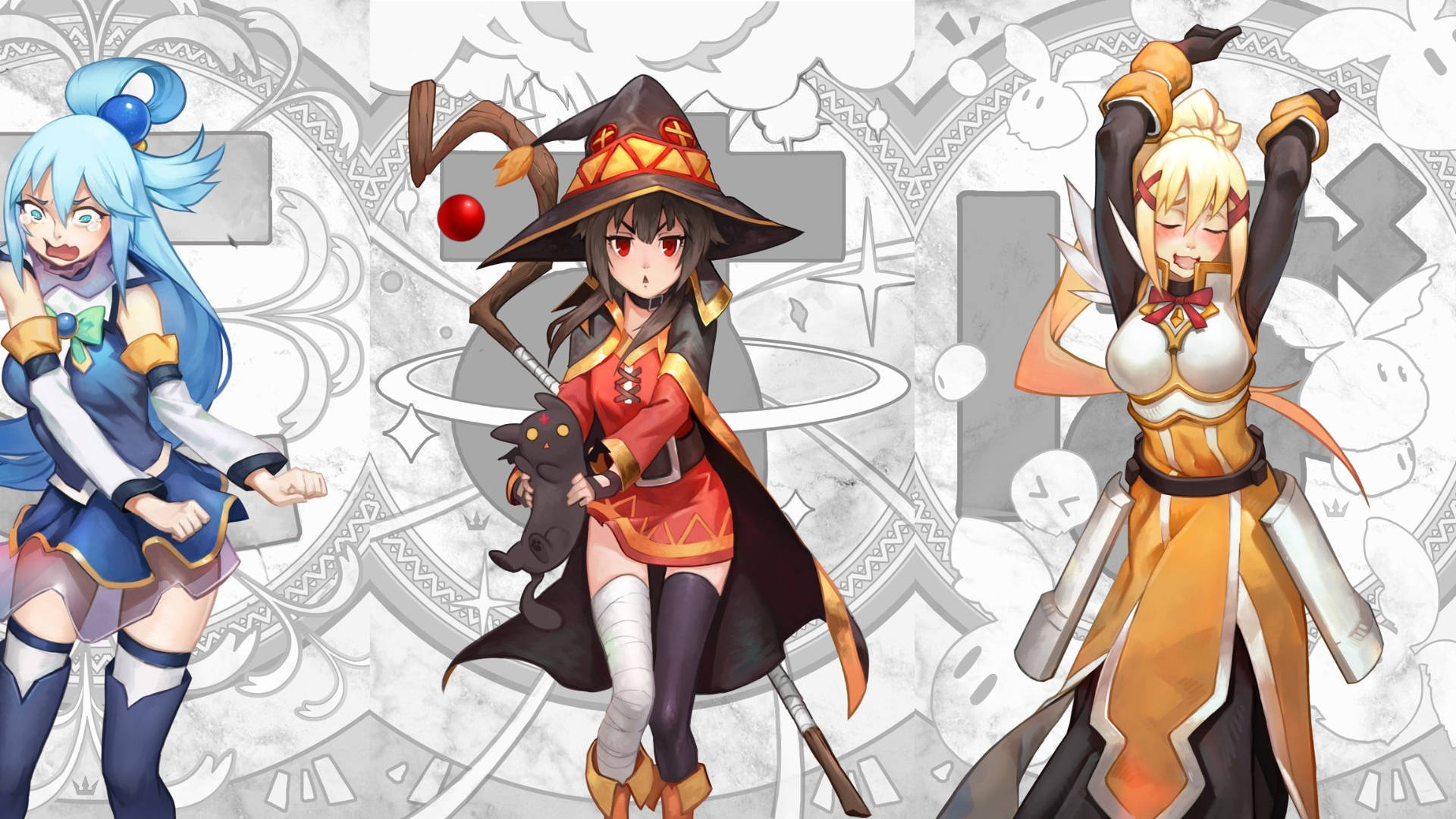 魔女服裝 壁紙 — 三位動漫風格奇幻少女穿著色彩繽紛的服裝，在帶有圖案的灰色背景前動態擺姿勢。