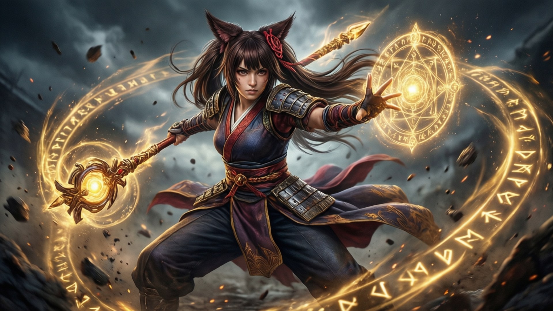 兇猛的貓耳戰士在風暴戰場上施展發光的魔法。