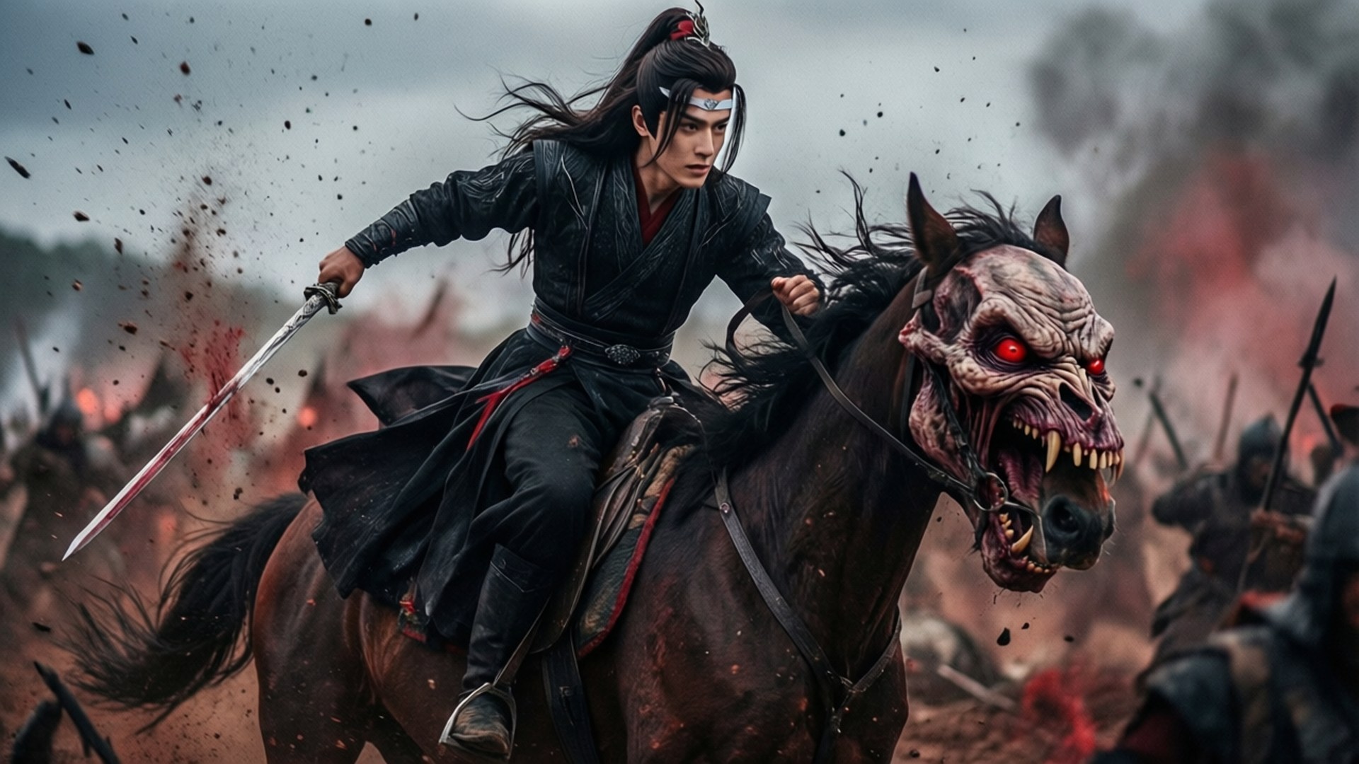 戰士騎著惡魔馬在血腥戰場上揮劍