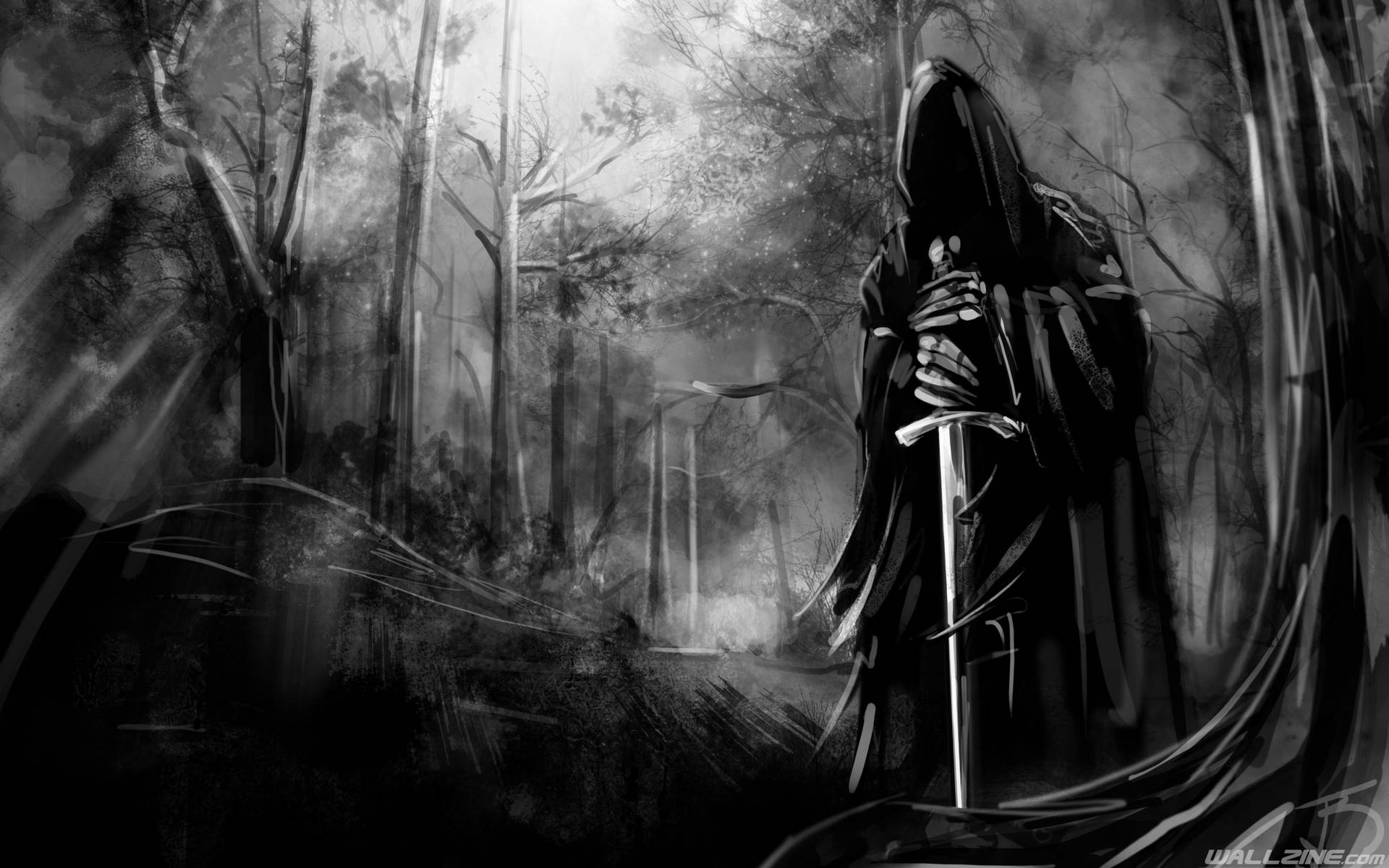 一個戴兜帽的戰士在陰暗的森林中持劍，周圍有霧氣和光束。 — 魔戒 壁紙