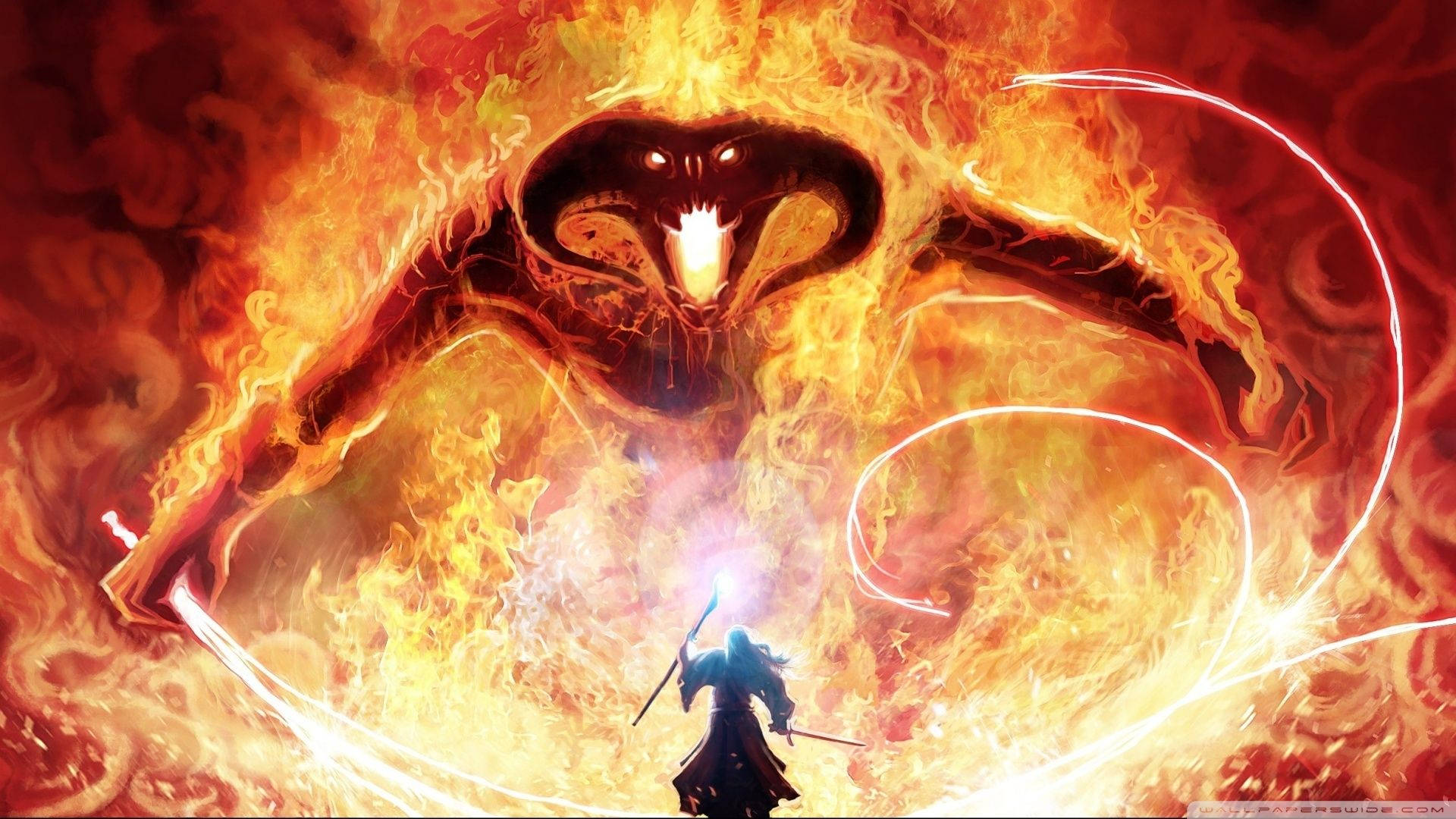 戰士在史詩奇幻戰鬥場景中面對巨大的火焰惡魔。
