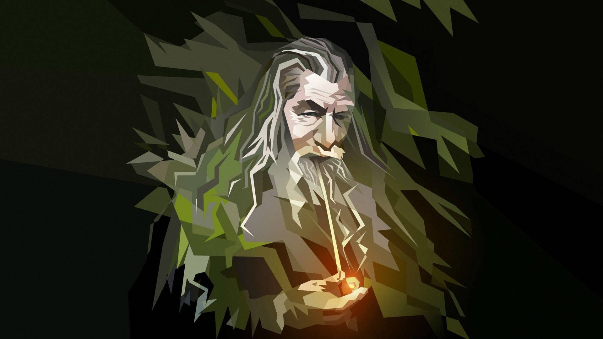 一個風格化的巫師，手持發光的法杖，被綠葉環繞。