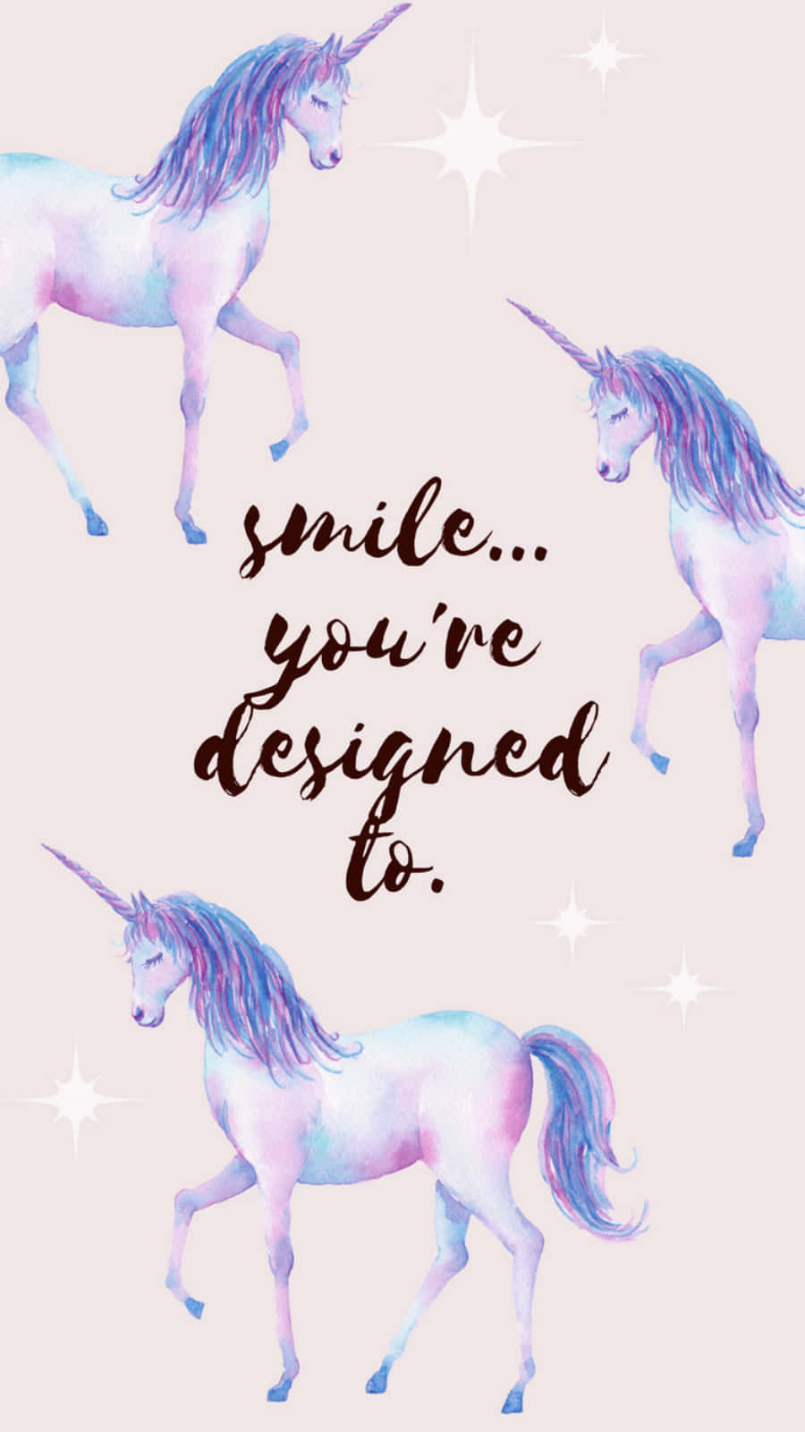 三隻帶有星爆的柔和色調獨角獸圍繞著短語 smile you're designed to。