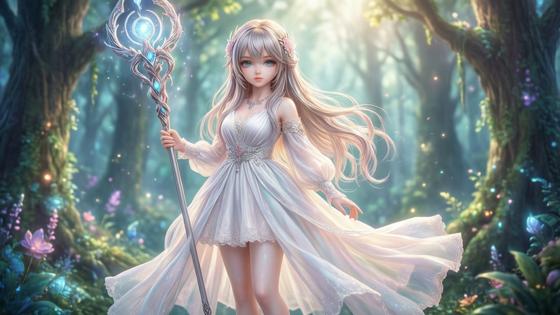 身穿白色連衣裙的動漫仙女女孩，在魔法森林中手持發光法杖。