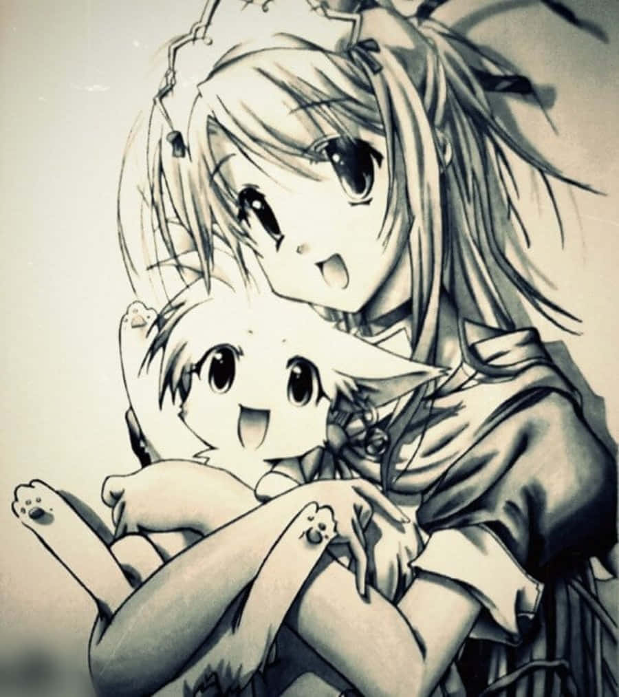 魔法世界中的動漫少女 壁紙 — 一幅溫柔的動漫風格素描，描繪一個女孩擁抱著一隻眼睛又大又快樂的小狐狸耳生物。