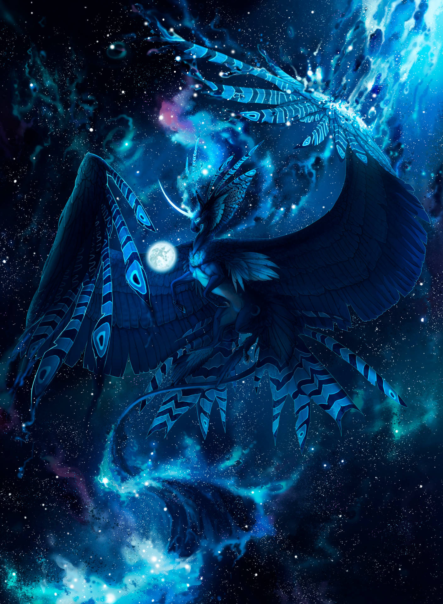 一隻帶有圖案翅膀的藍龍飛過佈滿星星的宇宙星雲。