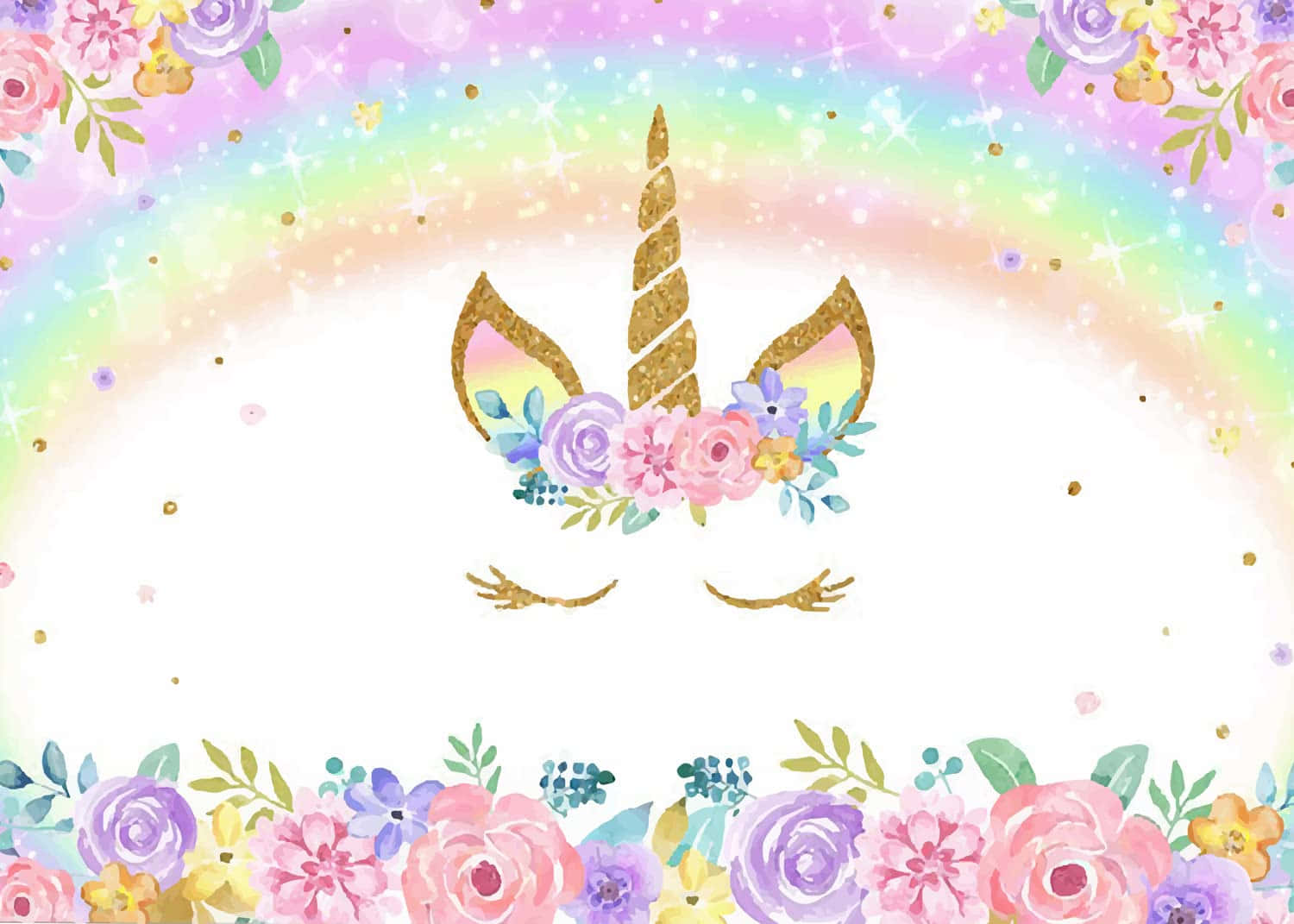 一隻閉眼帶花冠嘅獨角獸喺彩虹下，被花朵包圍。
