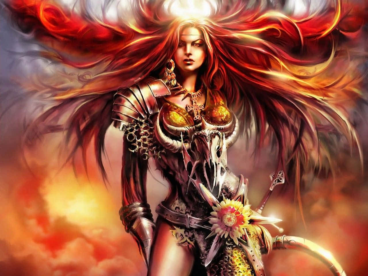 幻想女戰士身穿盔甲，在火熱的天空下手持發光武器。