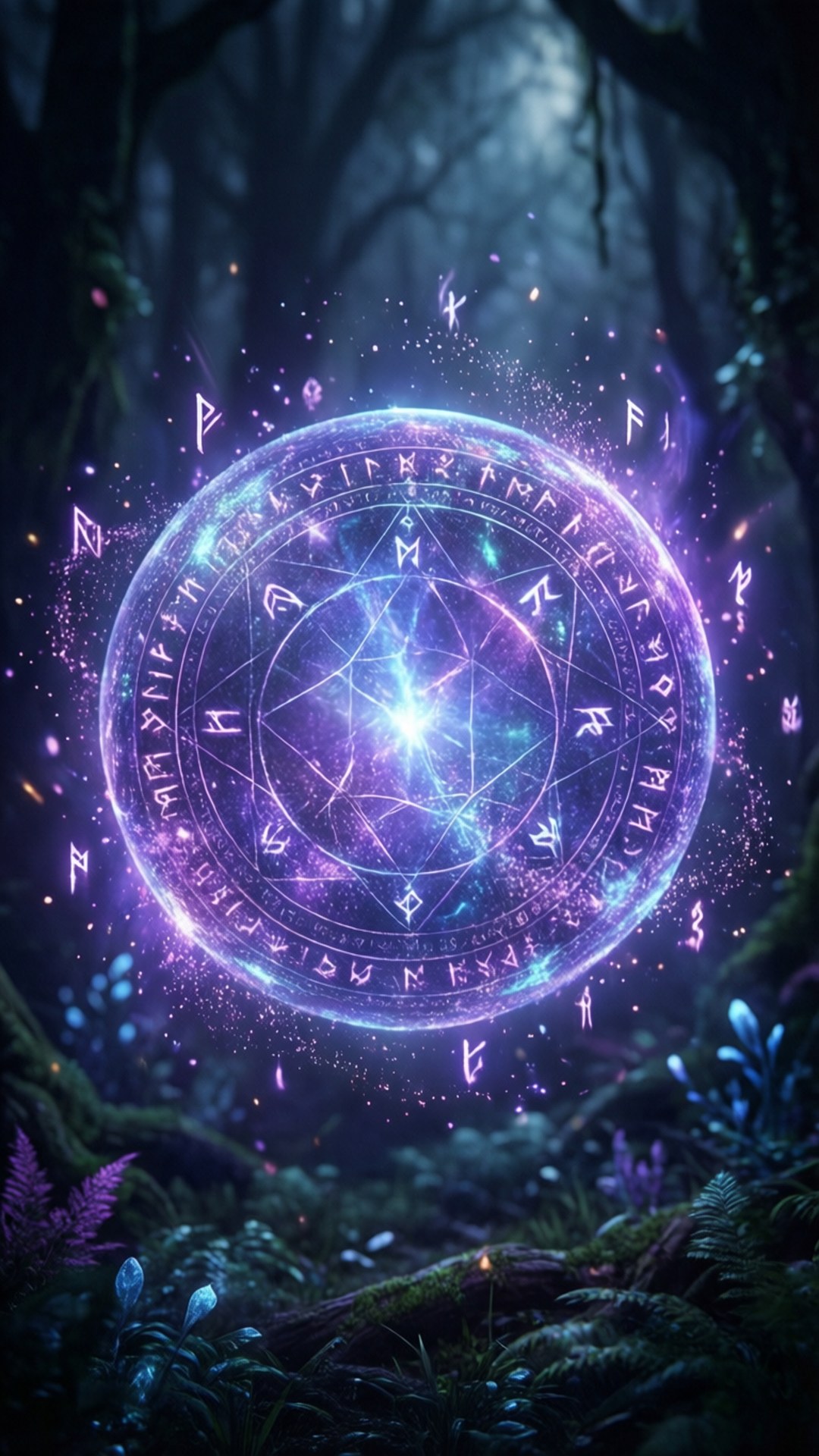 魔法光球效果 壁紙 — 一個發光的紫色和藍色神秘圓圈，帶有古代符文，在黑暗的魔法森林中散發光芒。
