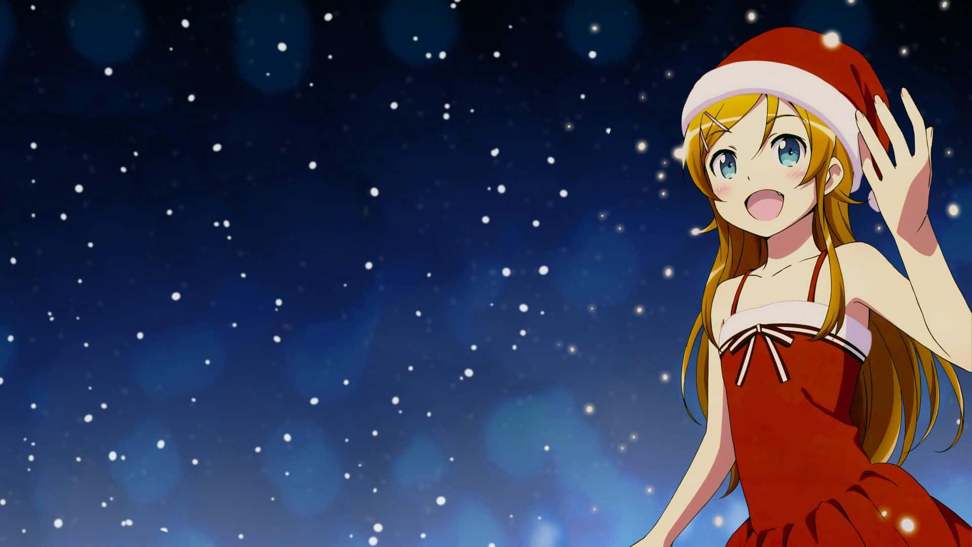 穿著紅色聖誕老人服裝的動漫女孩在星空下揮手