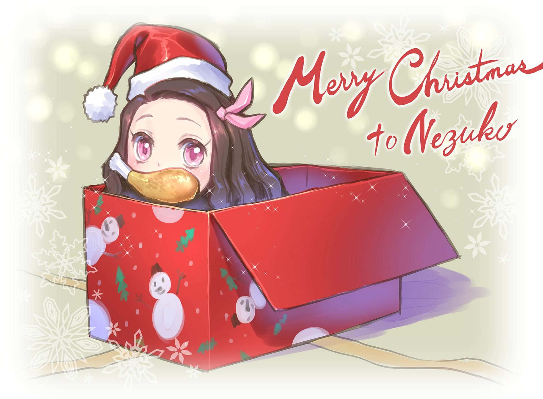 魔法動漫聖誕節 壁紙 — 一個戴著聖誕帽的可愛動漫女孩從紅色聖誕禮物盒中探出頭來，拿著一塊有雪人包裝的節日餅乾。