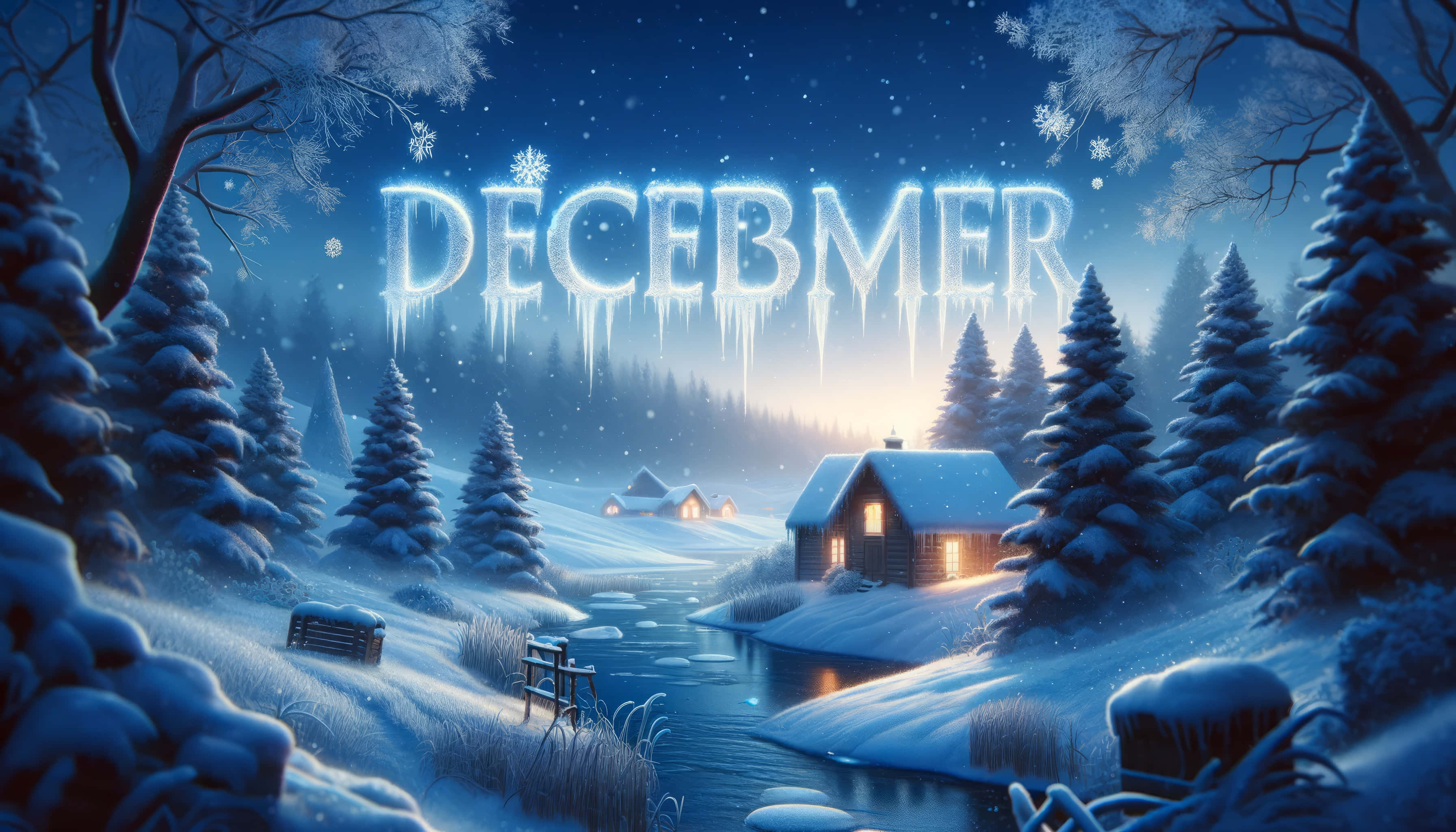 魔法十二月冬夜 壁紙 — 一個發光的十二月標誌懸掛在雪覆蓋的小屋上方，小屋坐落在霜凍的松樹林中，星空下。