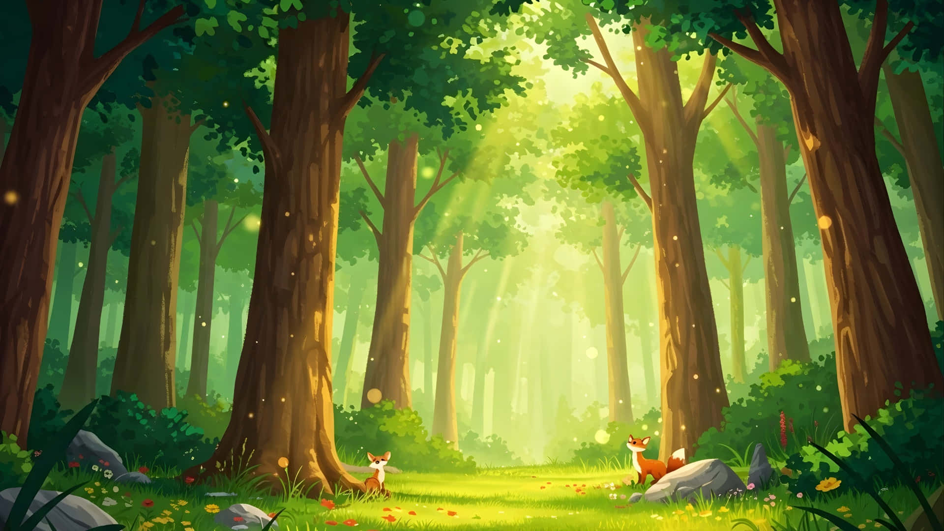 魔法卡通森林場景 壁紙 — 陽光穿過高聳的綠樹，照亮了寧靜的森林地面，兩隻狐狸在野花和長滿苔蘚的岩石間探索。
