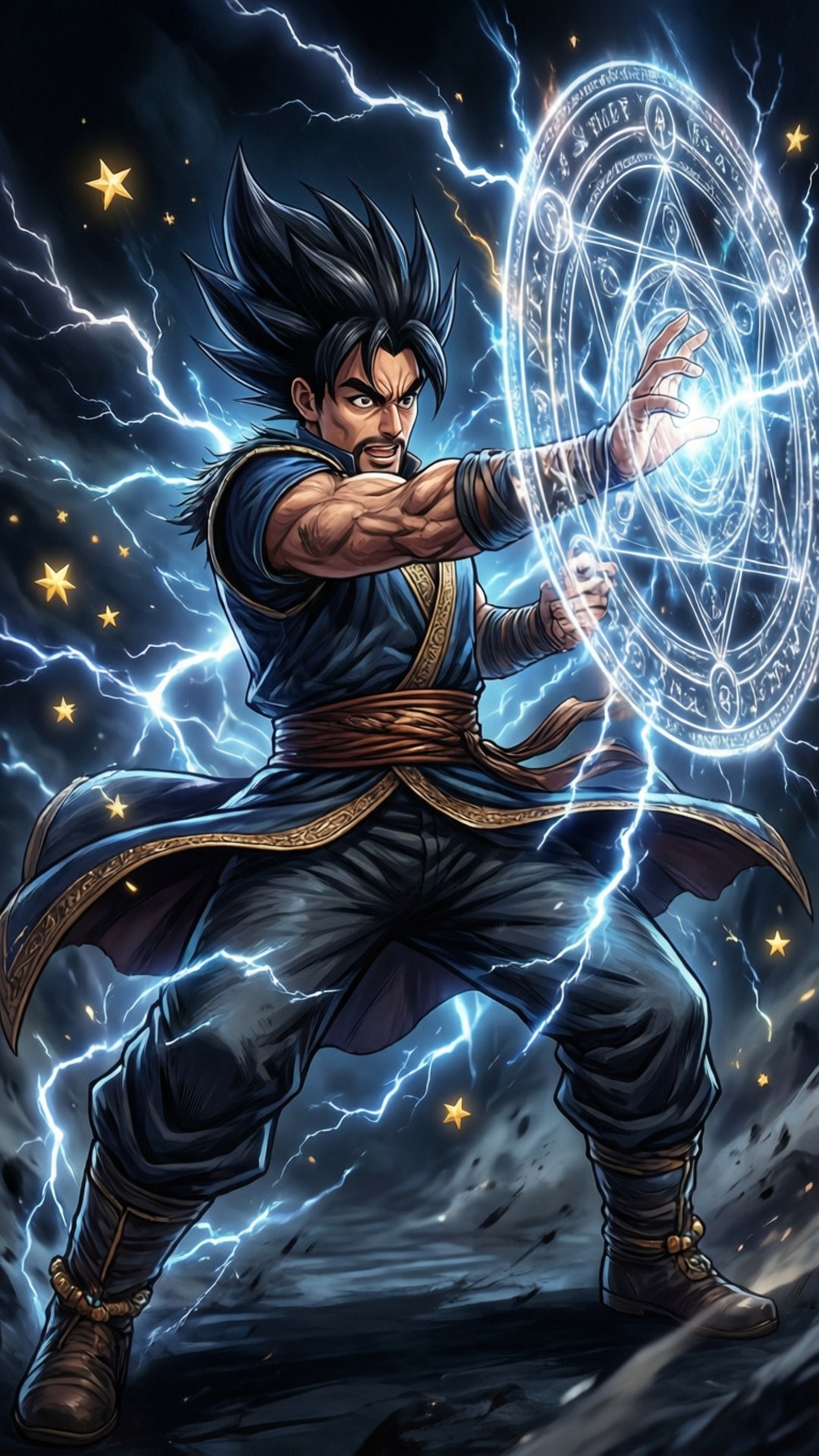 動漫戰士在暴風雨的夜空中，用發光的五角星召喚閃電魔法。