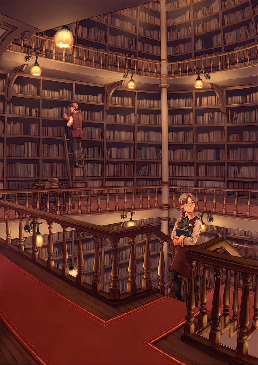 魔法圖書館黃昏時刻 壁紙 — 兩個人物在一個宏偉的圓形圖書館中，有高聳的書架、溫暖的燈光和紅色地毯的樓梯。