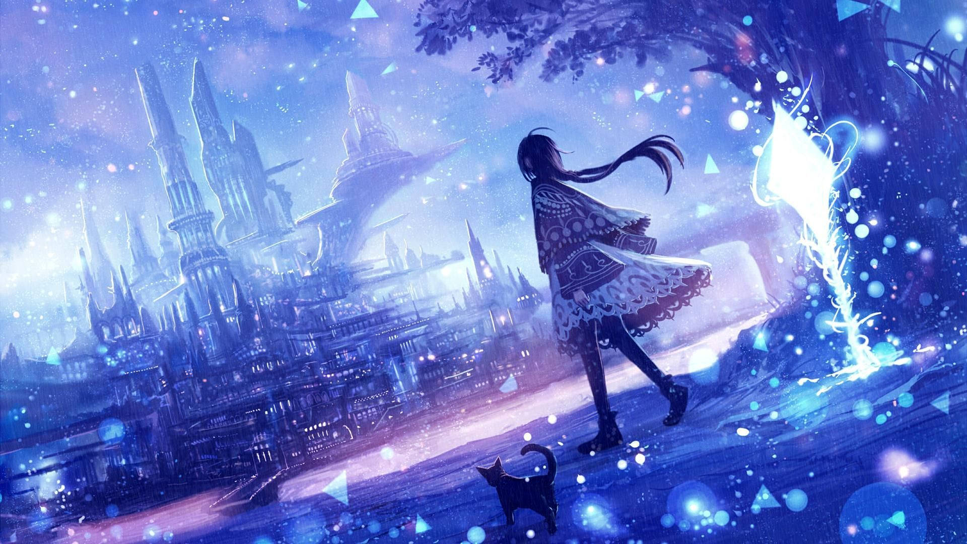 魔法城堡動漫少女 壁紙 — 一個孤獨的女孩帶著一隻貓，在星光燦爛的紫色天空下，走向一座發光的魔法城市。